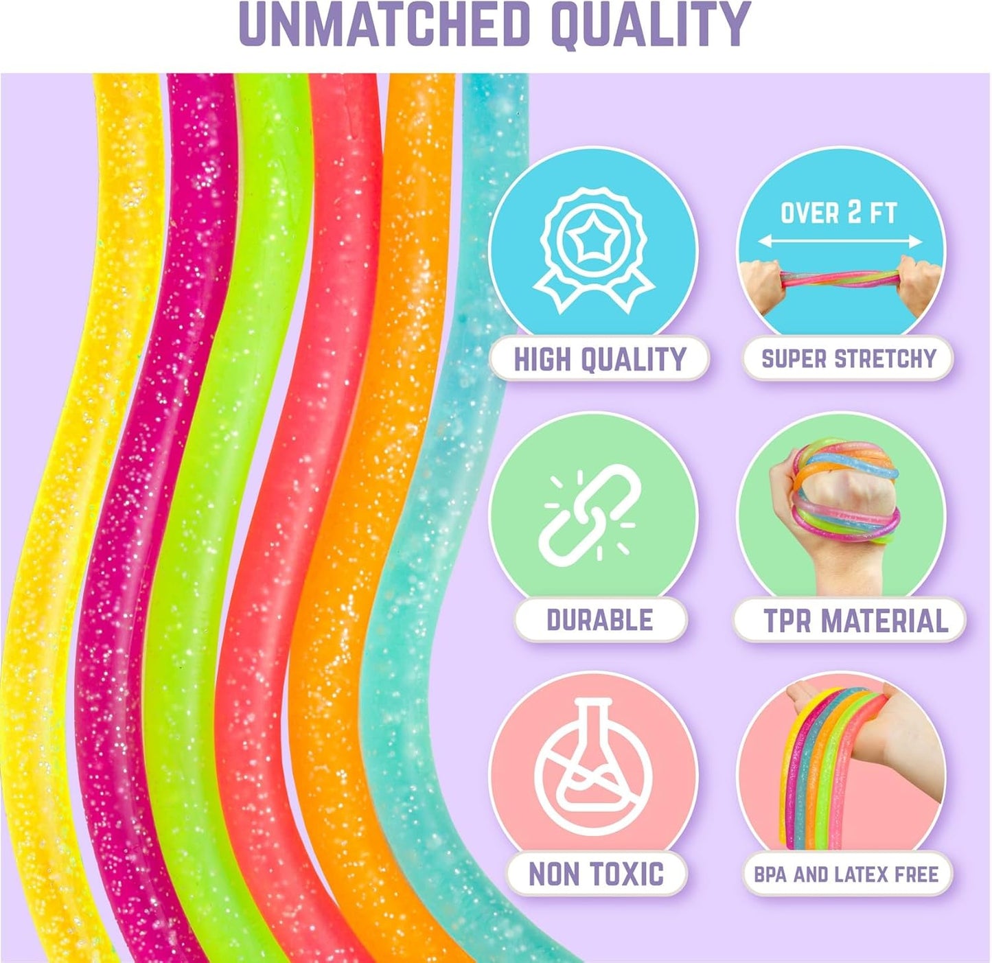 BUNMO Stretchy Strings - Sensory Toys for Toddlers 1-3 - Stimulating & Addictive Sensory Toys for Kids with Autism - Fidget Toy for Anxiety & Stress Relief - Hours of Fun for Kids - Glitter 6pk