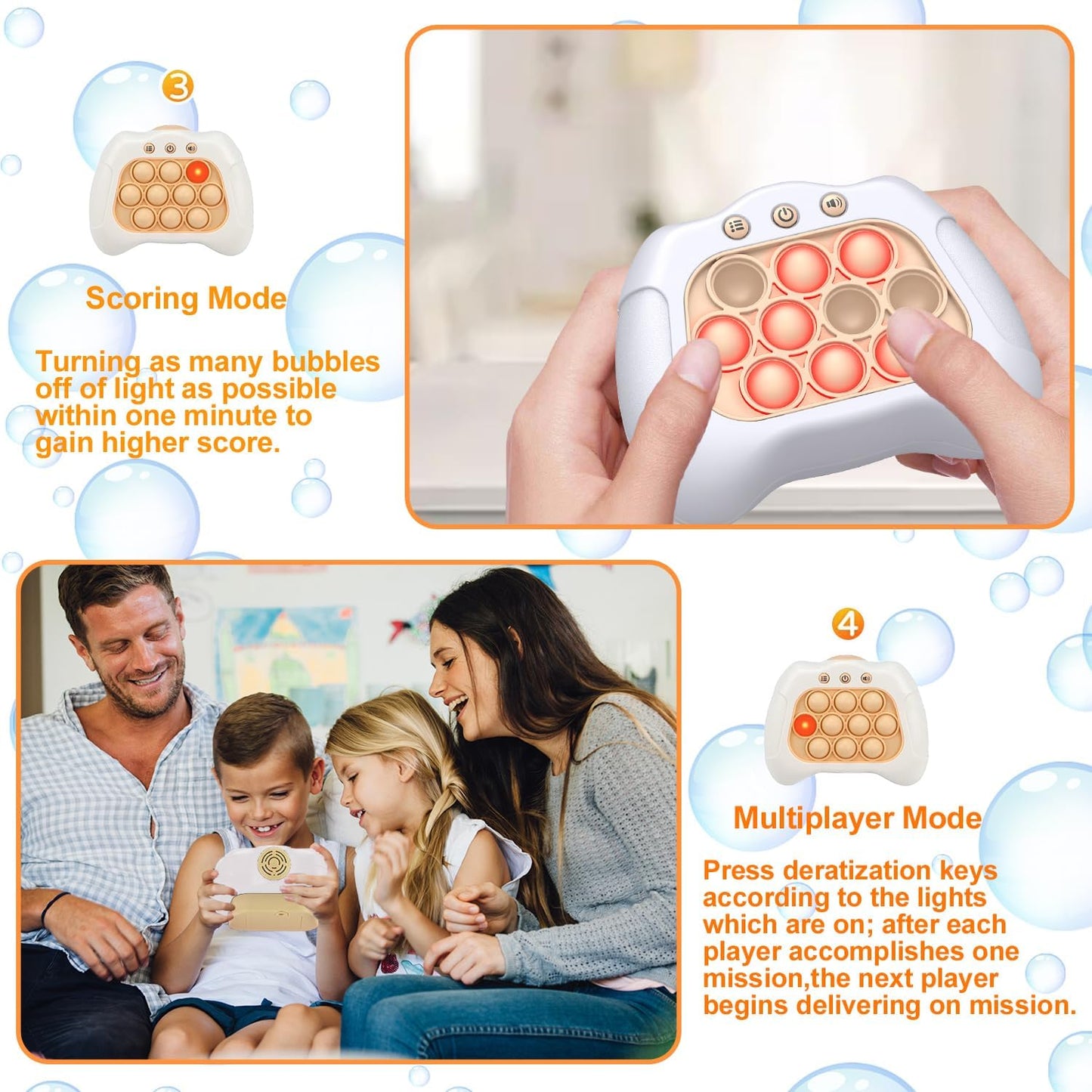 Quick Push Puzzle Game Machine Pop Fidget Light-Up Squeeze Poppet Sensory Toy Educational Push Pop Bubble Toy Stress Relief Party Favors Puzzle Game for Kids Teens Adults (White)