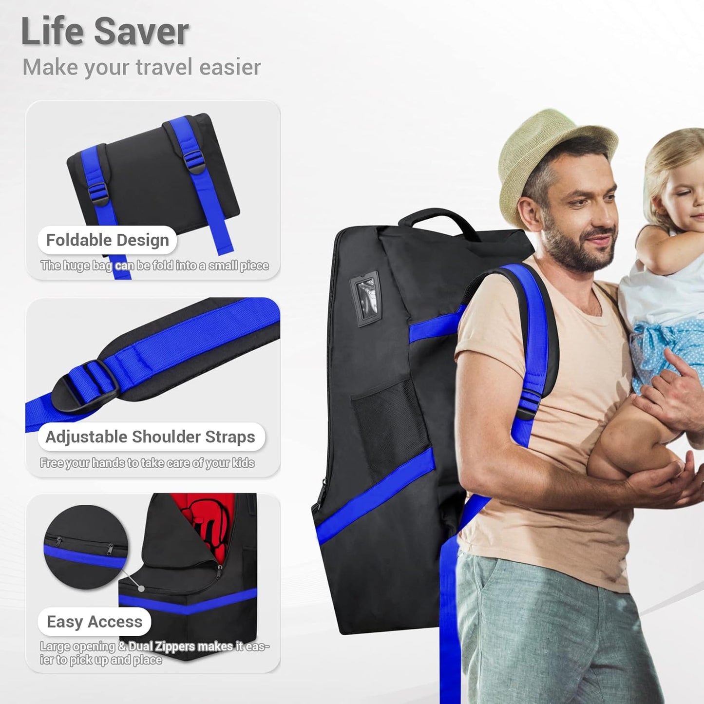 Car Seat Travel Bag - Padded, Comfortable, Durable, Roomy Gate Check Carseat Cover Backpack Fits 3-in-1，Convertible, Booster & Infant Car Seats for Airplane, Airport, Blue