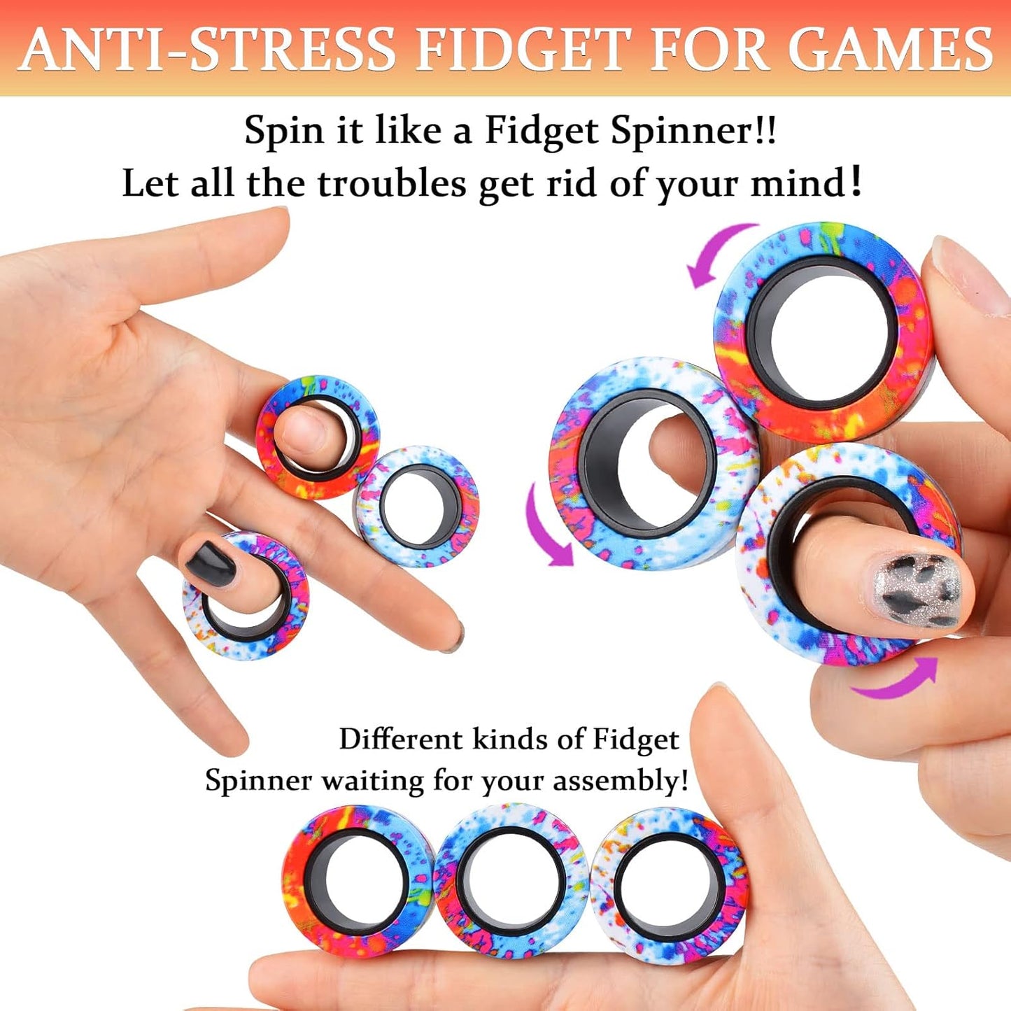 3Pcs Magnetic Rings Fidget Toy Set, Idea ADHD Anxiety Magnetic Fidget Toys Adults Fidget Spinner Rings for Relief, Easter Basket Stuffers Valentines Gifts for 8 9 10 11 12 13+ Year Old Teen Boy Girl A