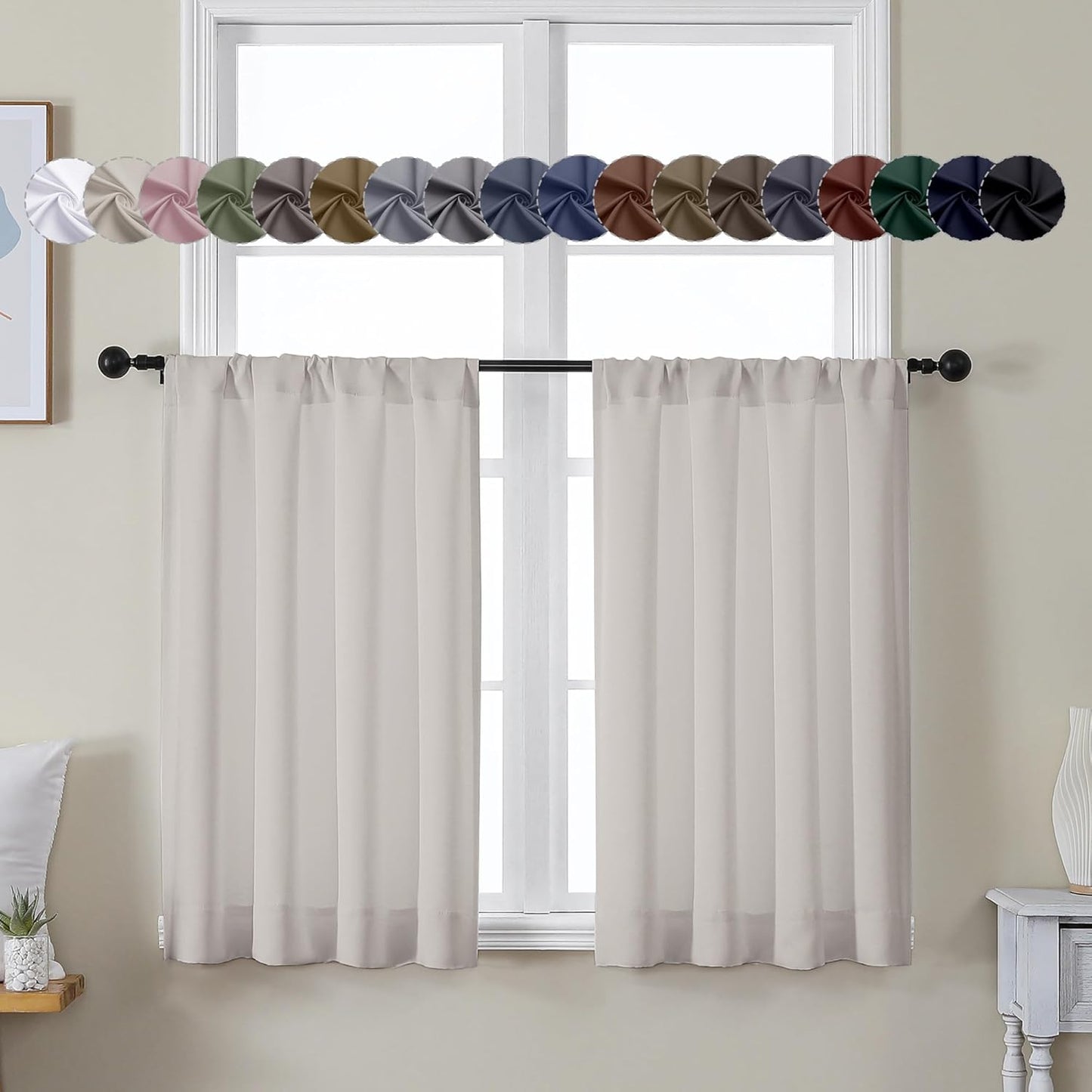 Simplebrand Ava Natural Short 36 Inches Blackout Curtain 2 Panels Set, Half Window Rod Pocket Privacy Curtain Tiers for Kitchen, Curtains Blackout for Bathroom Shades, W40 x L36 Inch, Natural