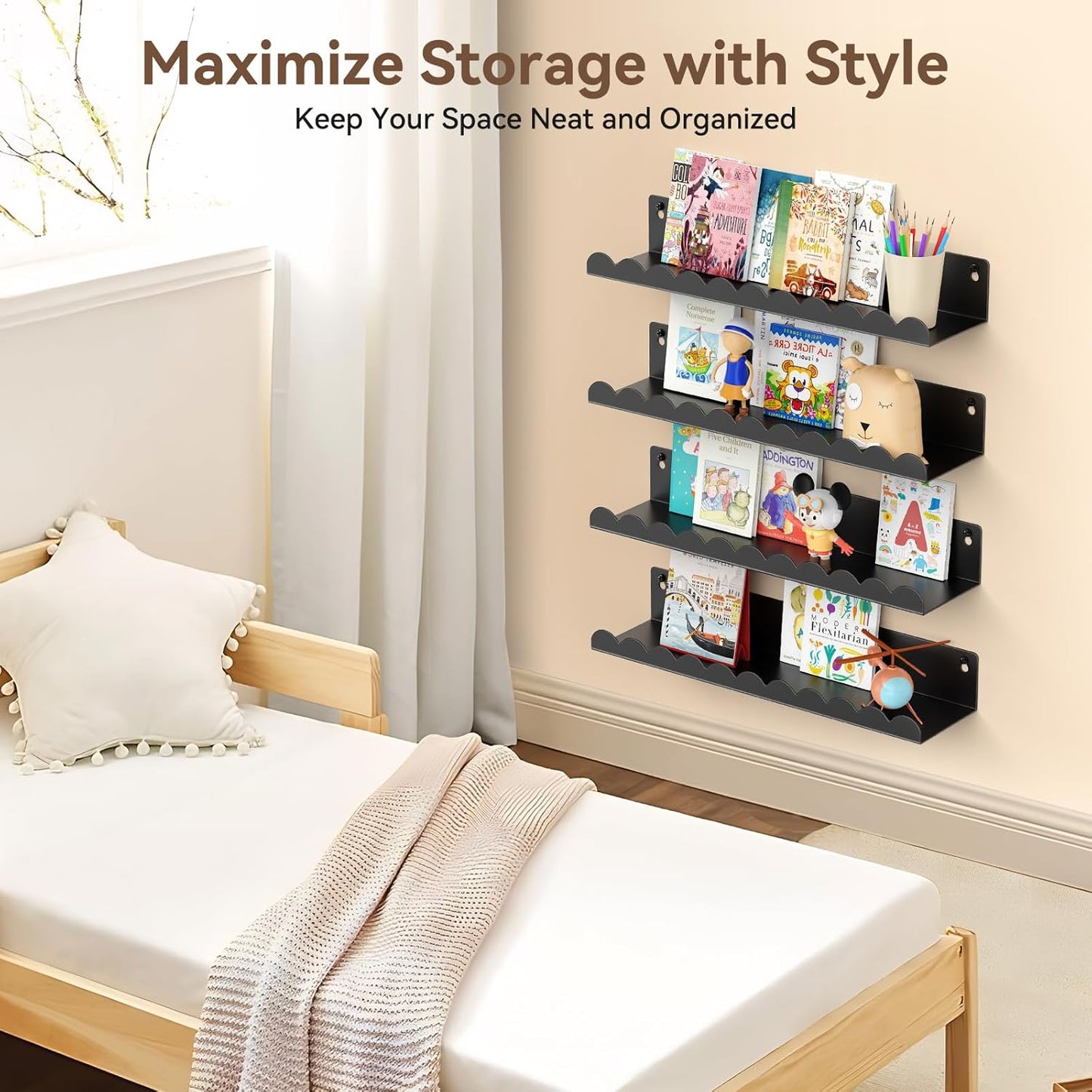 Nursery Book Shelves, 17 Inch Black Metal Floating Shelves for Wall 4 Pack, Wall Mounted Book Shelf for Kids Room, Bedroom, Bathroom, Playroom Decor