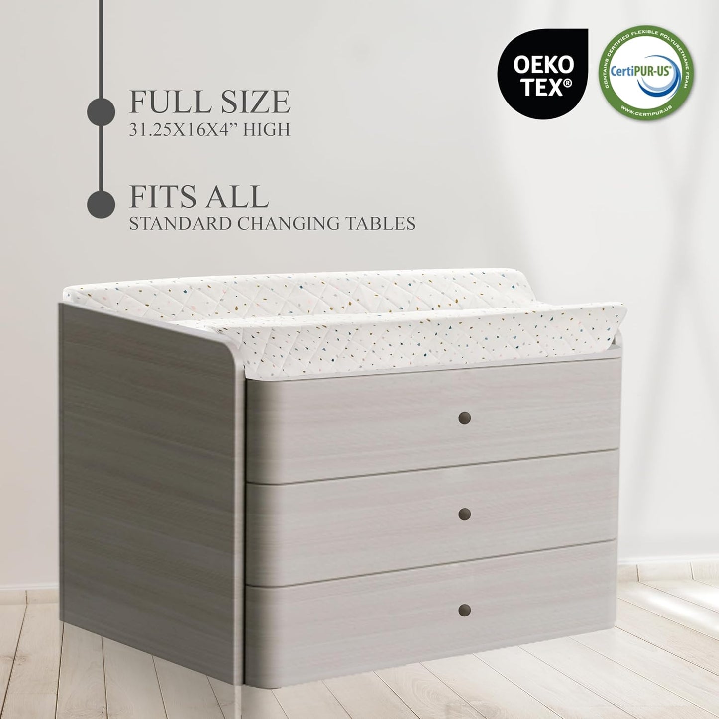 Organic Cotton Contoured Baby Changing Pad w/Waterproof Foam Mattress, Includes Soft, Removable & Washable Cover, Safety Strap, Non-Slip Bottom, Topper for Standard Size Infant Diaper Table & Dresser