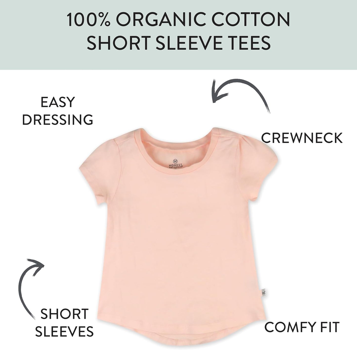 HonestBaby 5-Pack Short Sleeve T-Shirts 100% Organic Cotton Baby, Toddler, Little Kid, Boy, Girl, Unisex