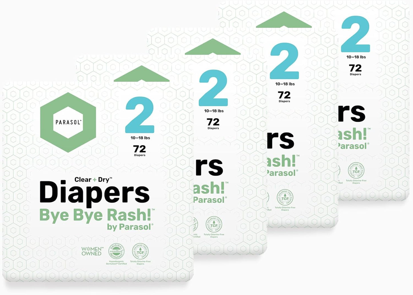 Parasol Clear+Dry Disposable Diapers, RashShield Protection and Leak-Control Fit, Hypoallergenic Diapers, Size 2 (10-18 lbs), 288 Count