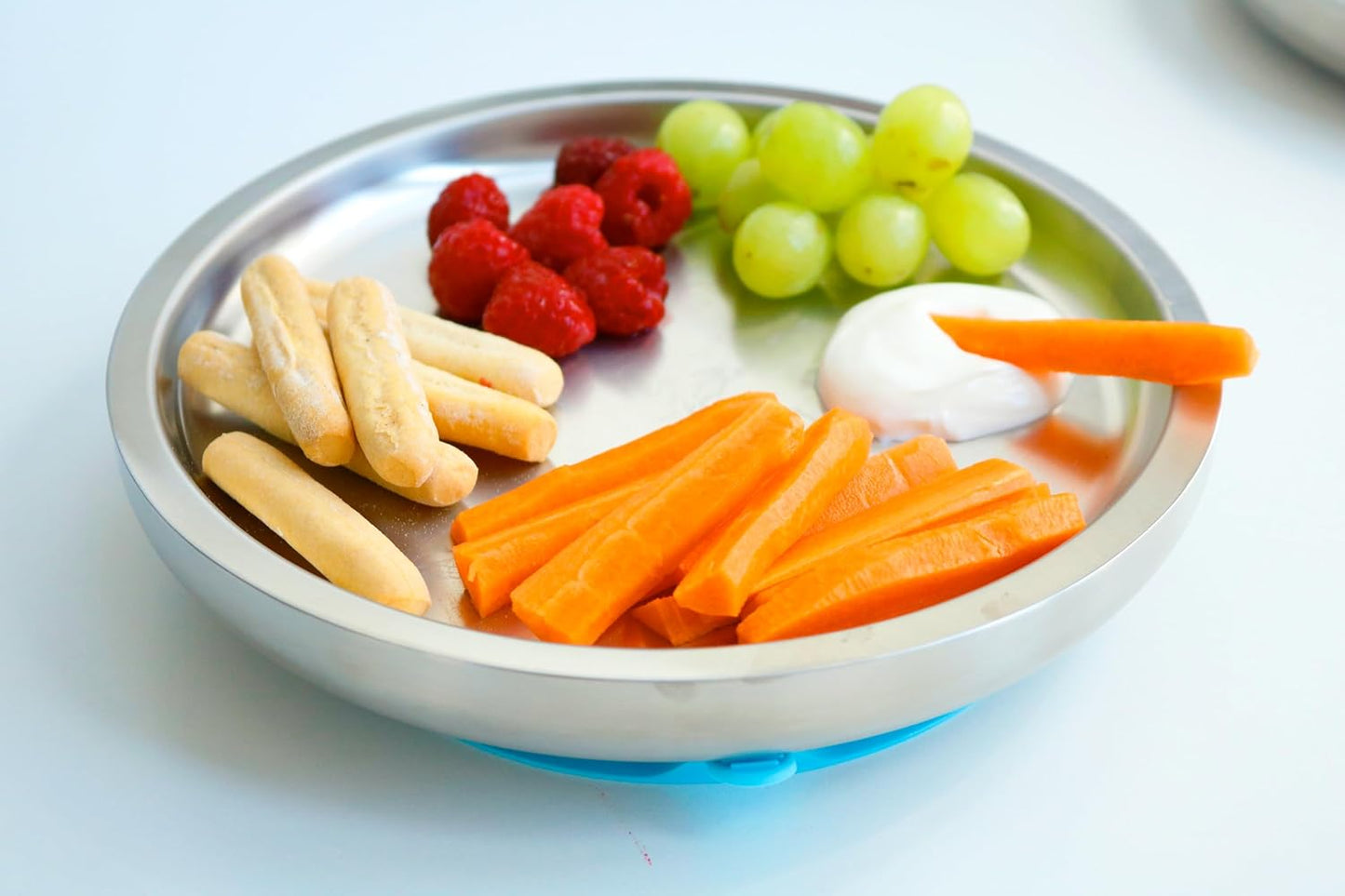 Avanchy Open Baby Plates with Suction – Stainless Steel Divided Plates for Toddlers, BPA-Free, Dishwasher Safe, Unbreakable, Non-Toxic, 100% Silicone Suction – White