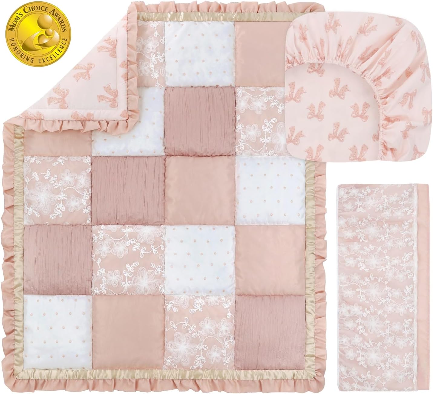 The Peanutshell 3 Piece Baby Crib Bedding Set for Girls - Cotton Fitted Crib Sheet, Layered Dust Ruffle, Comforter, Newborn, Infant & Toddler Vintage Nursery Bed Set Decor, Pink, Gold, Floral - Grace