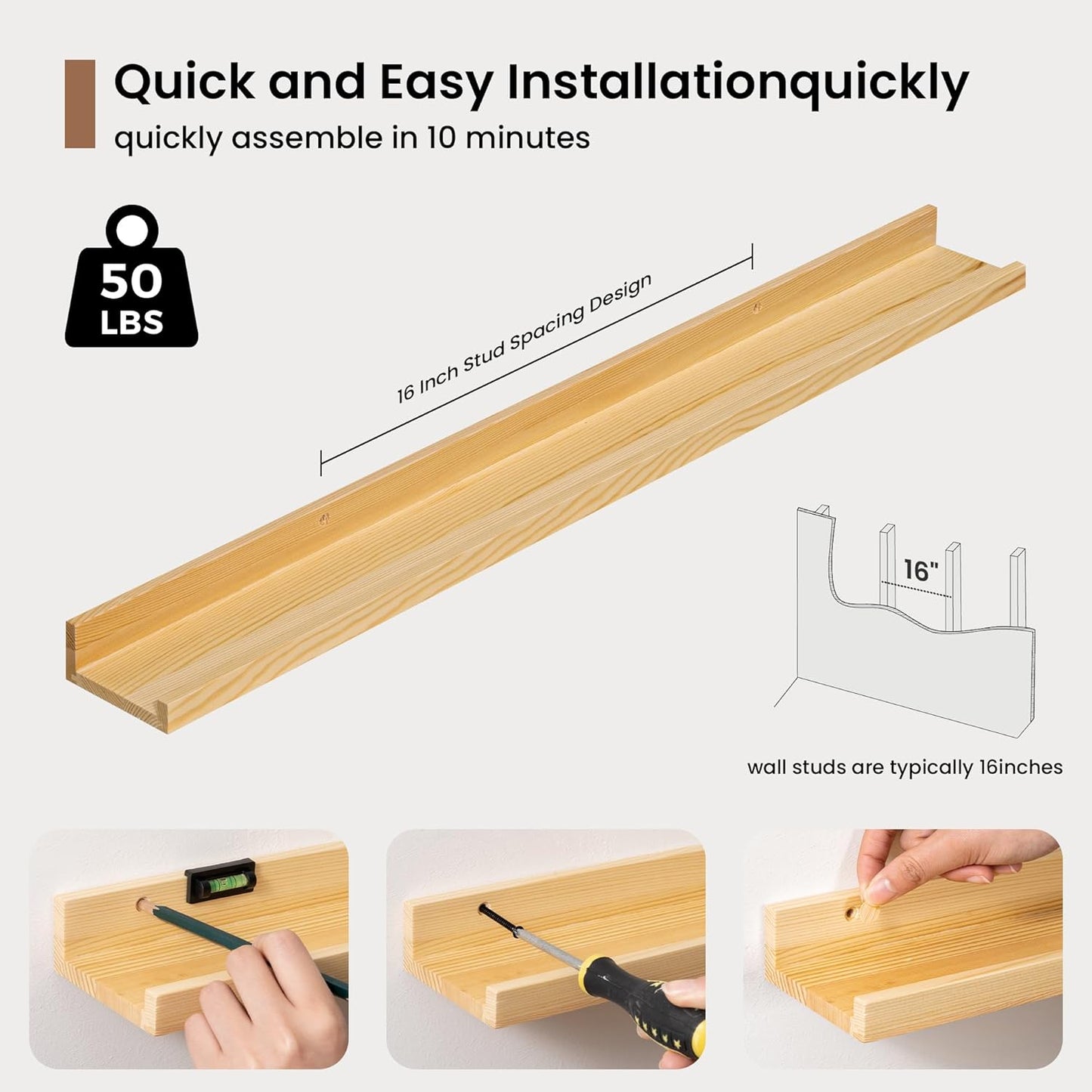 Picture Ledge Shelf, Solid Pine Wood Floating Shelves Set of 2, 32 Inches Nursery Book Shelves for Toys Storage, Kids Bookshelf Wall Mounted for Living Room Bedroom Decor Books Photo Frames, Natural
