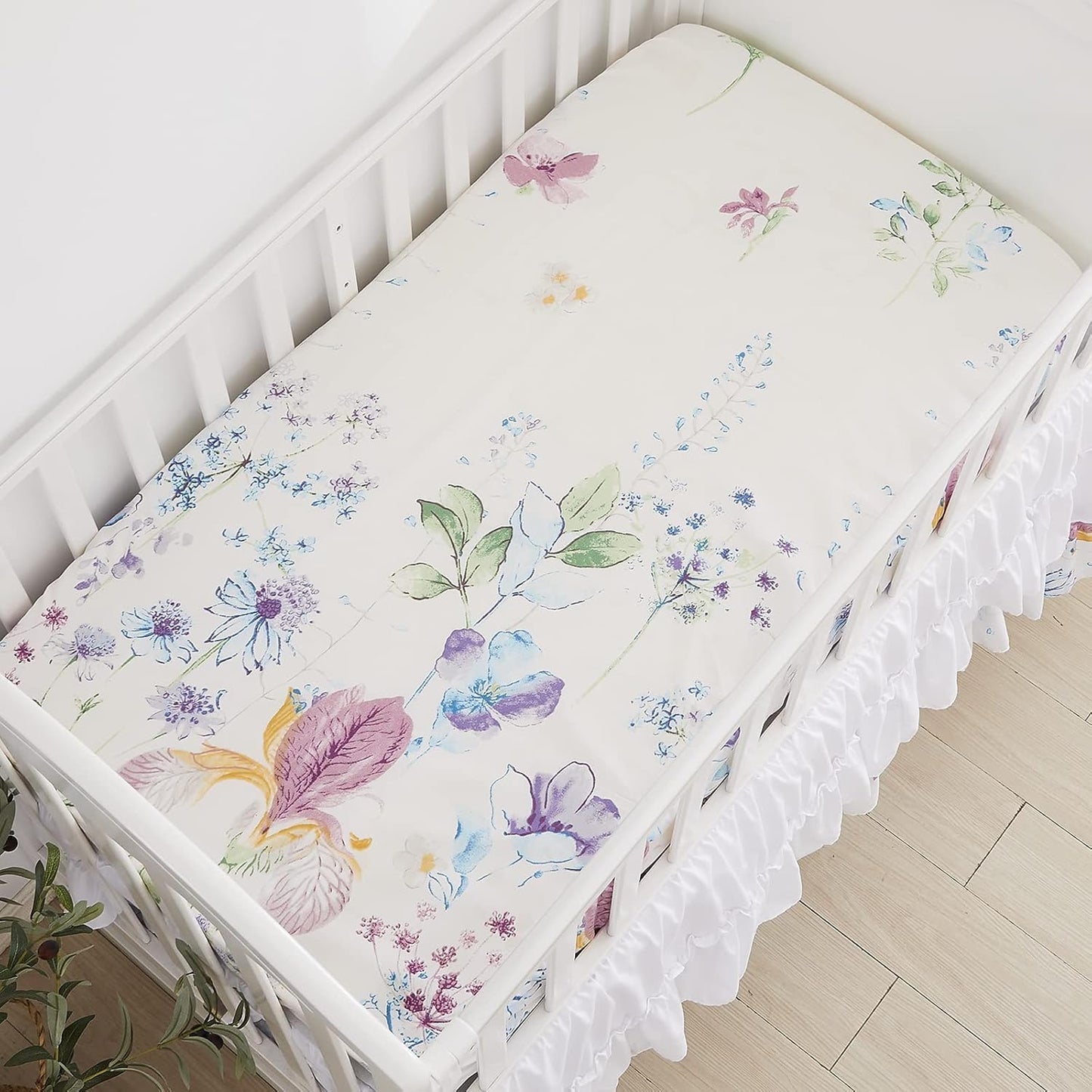 Brandream Gilrs Floral Bedding Boho Baby Bedding Watercolor Farmhouse Nursery Crib Blanket Set 3 Piece, Fitted Sheet, Skirt