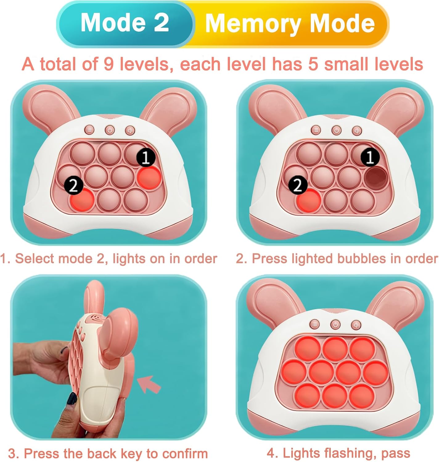 Pop Quick Push Game Console Fidget Toys Light Up Handheld Puzzle Press Popping Toy for Kids Adult Pink Rabbit