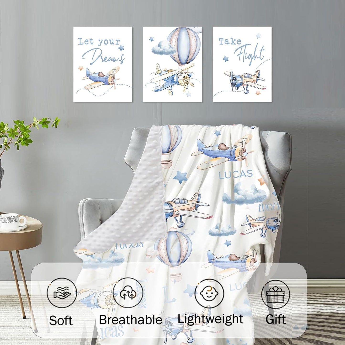 Personalized Baby Crib Bedding Set for Baby Boys Girls, Toy Airplane Pattern Custom Name Baby Crib Sets 5-Pcs, Toddler Double Layer Blanket Fitted Sheets Changing Pad Cover Rug Wall Art Set