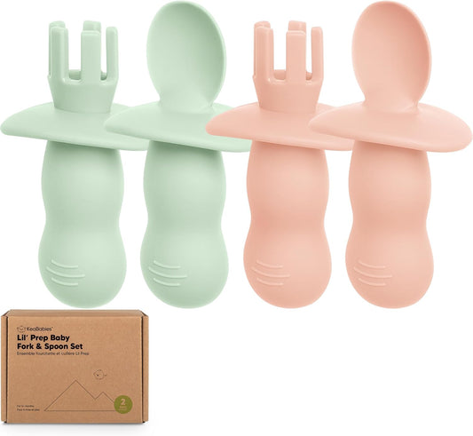 KeaBabies 4-Pack Silicone Baby Spoons and Forks Set - Baby Led Weaning Utensils 6-12 Months, Self Feeding Toddler Spoon & Fork for Training, Teething, Easy to Hold, BPA-Free Silicone (Mellow)