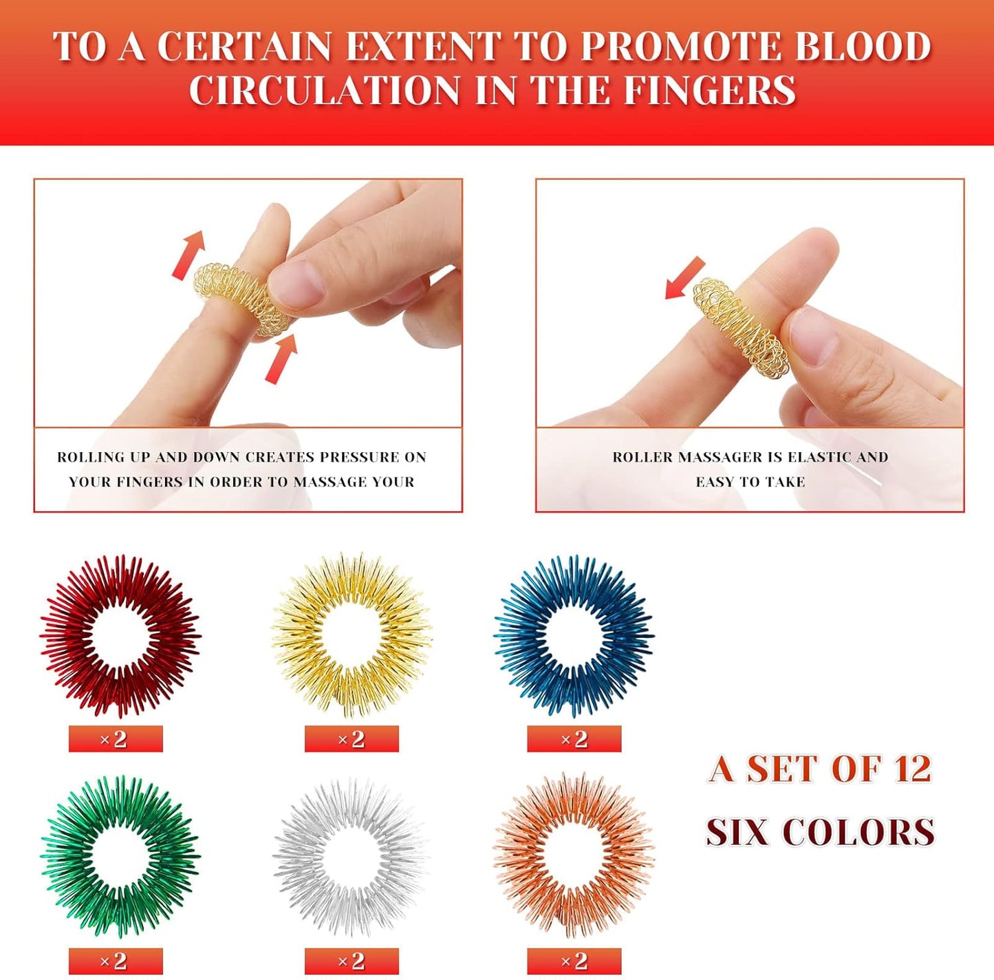 12 Pieces Fidget Rings Spring Acupressure Rings Sensory Rings Trichotillomania Fidget Toys Stress Relief Toys Set for Adults, Silent Stress Reducer (Red, Orange, Blue, Green, Silver, Gold)