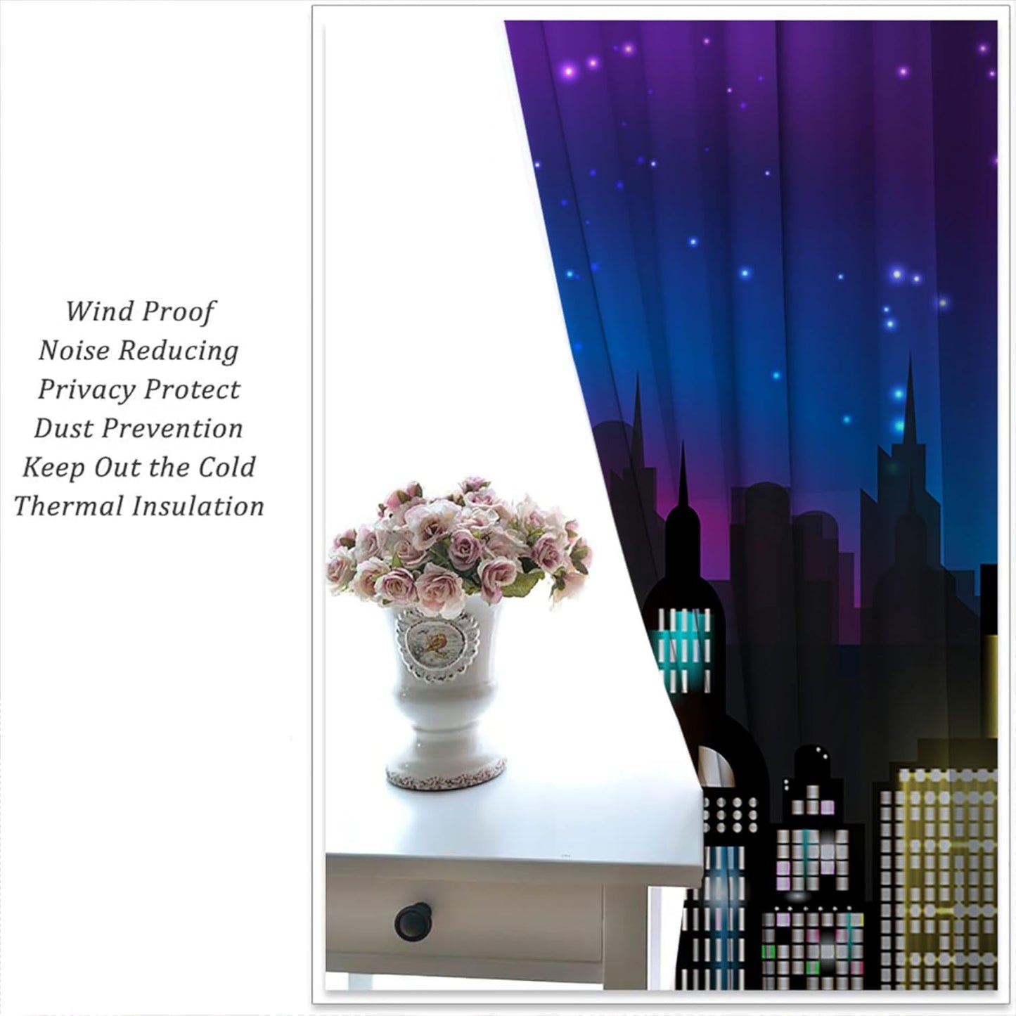 Superhero Rod Pocket Blackout Curtains for Boy Girl Bedroom, Super City Skyline Buildings Night Panorama Home Energy Efficient Light Filtering Window Curtain for Living Room, 42x63 inch