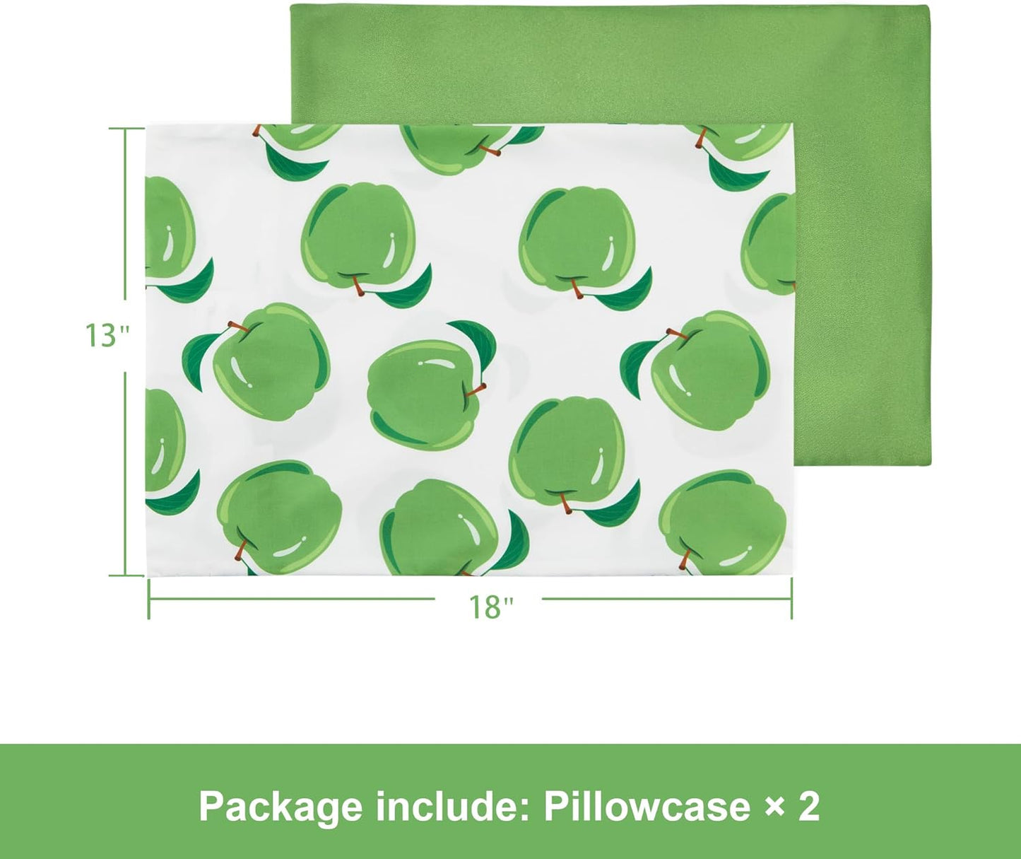 TILLYOU Toddler Pillowcases 13 x 18 Travel Pillow Case 2 Pack, Kids Pillowcases Machine Washable with Envelope Closure, Green Apple & Fruit Green
