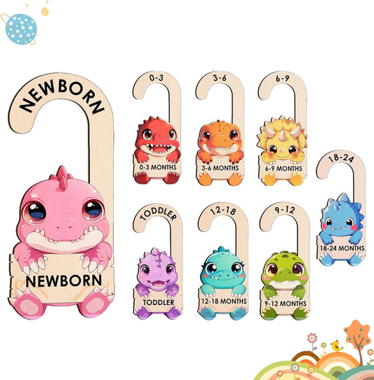 Baby Clothes Dividers for Closet - Wooden Baby Size Closet Dividers Newborn to 24 Months, Unique Dinosaur Design Babies Clothes Organizer for Nursery Decor Gender-Neutral Newborn Hangers (Set of 8)