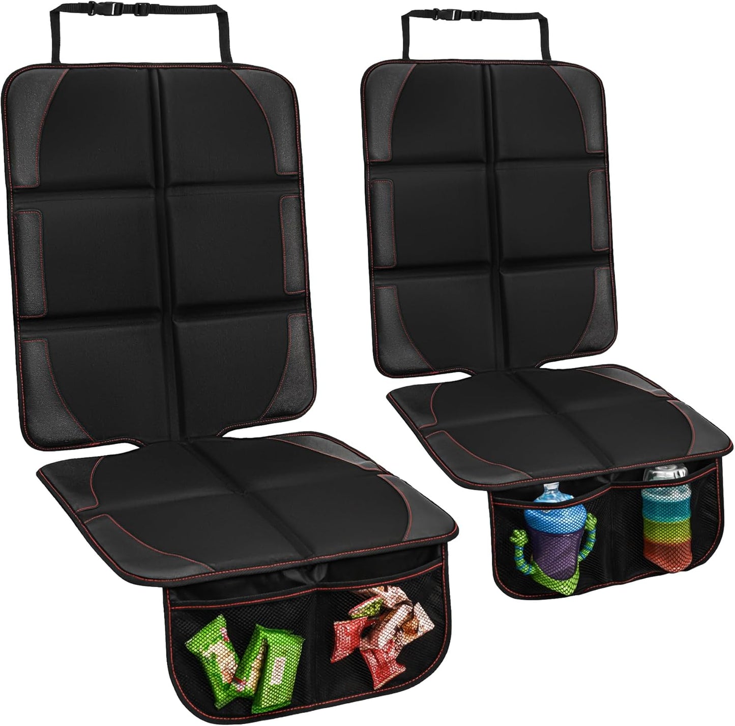 Car Seat Protector 2 Pack Baby Car Seat Covers with Mesh Pockets & Non-Slip Backing 600D Durable Seat Protector Under Baby Car Seat (Black & Red, Large)