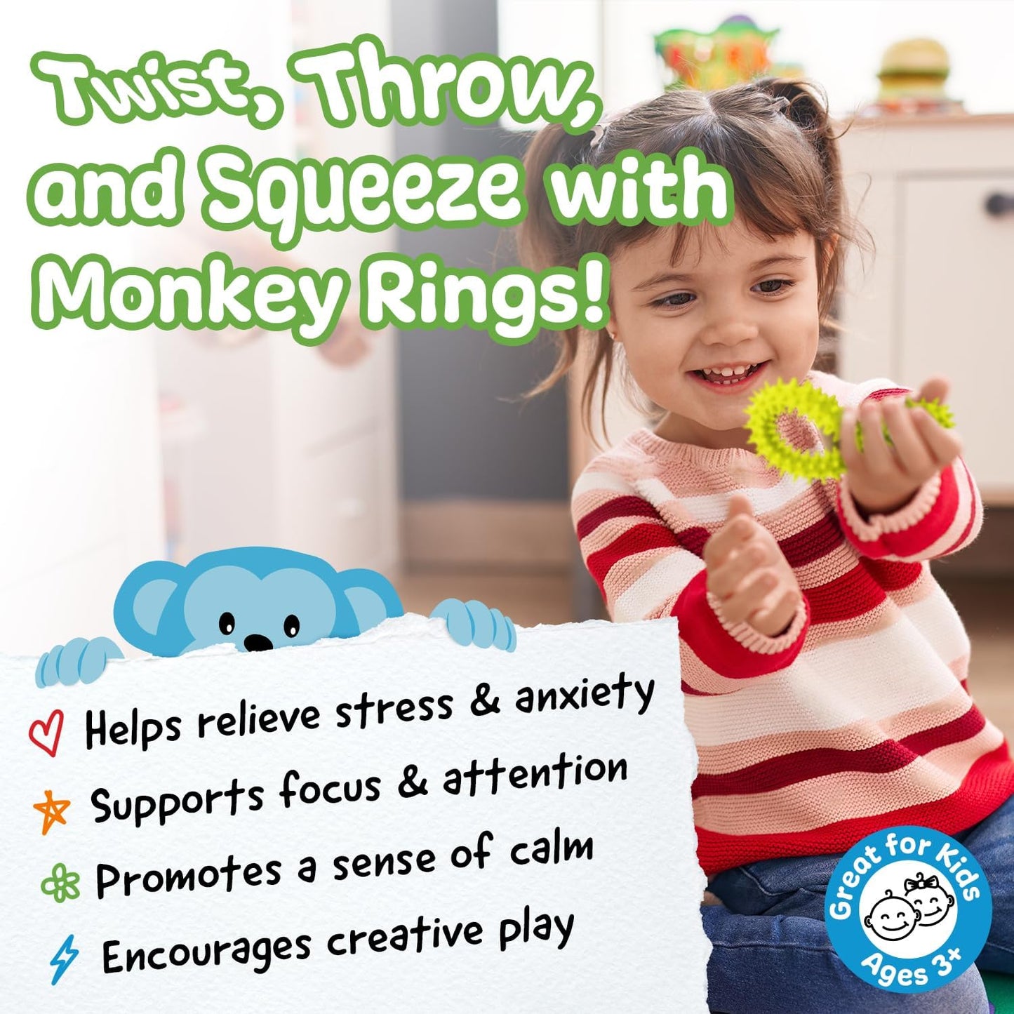 IMPRESA Spiky Sensory Rings from The Original Monkey Noodle - 3 Pack - Fidget Bracelet Toys for Kids with Unique Needs - Fosters Creativity, Focus, & Fun-Great for Classrooms, Home & Playtime Age 3+