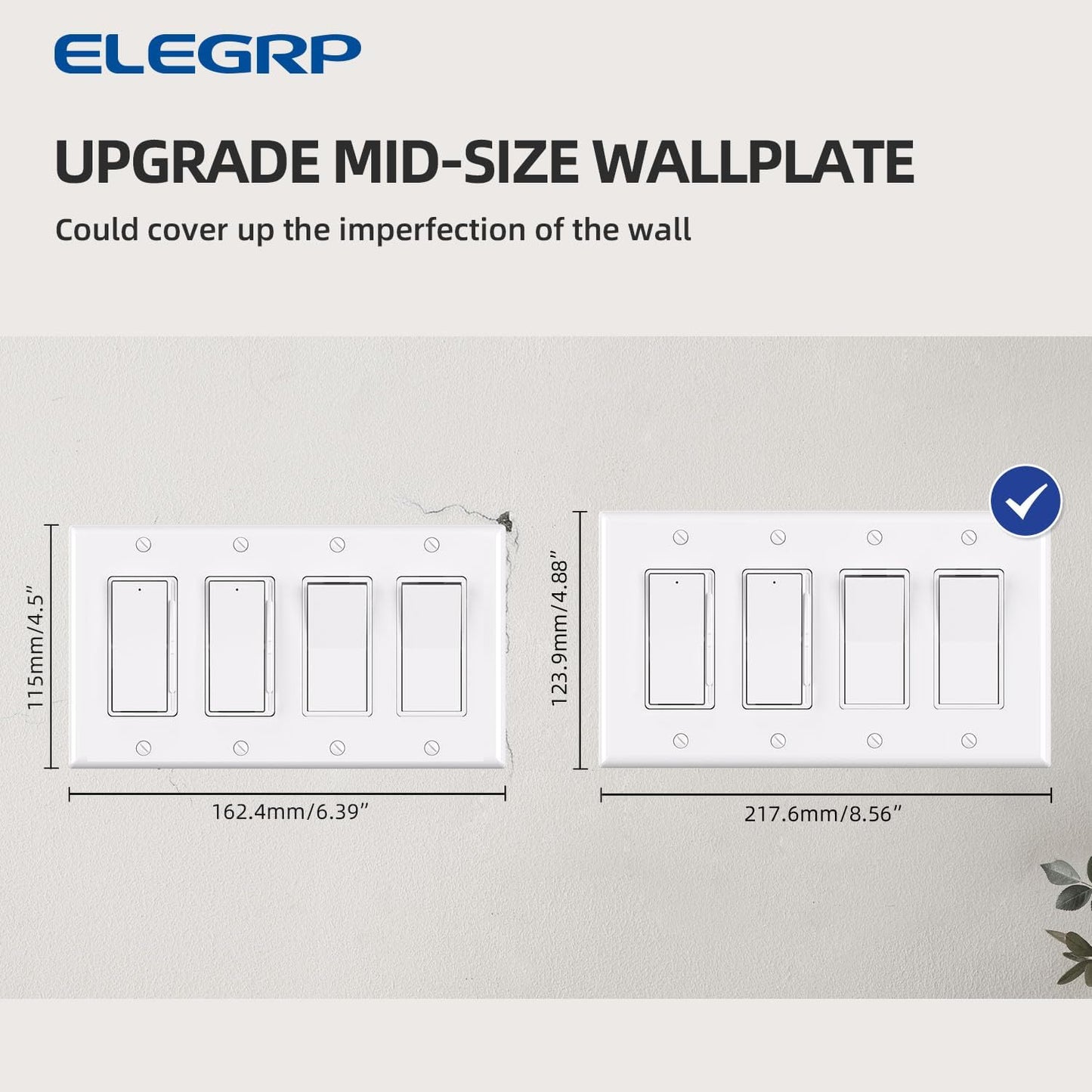 ELEGRP 4-Gang Decorative Wall Plates, Mid-Size 4.88" H x 8.57" L Unbreakable Thermoplastic Faceplate Cover for Decorator Receptacle Outlet Switch, UL Listed (1 Pack, Glossy White)