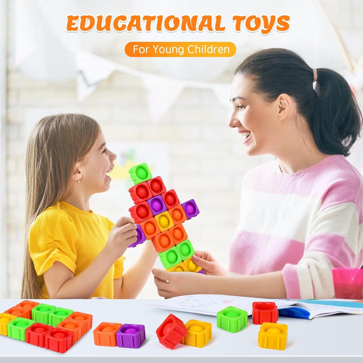 25Pcs Sensory Fidget Blocks, Kids CVC Learning Infinity Cube Bubble Toy, Pops-Its-Fidgets for Classroom Educational Stress Relief Building Block, Pop-Sensory Toys for Children Adults Autistic, Rainbow