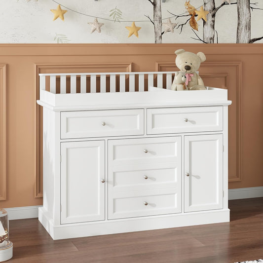 Nursery Dresser with Changing Table Top, 46" W Baby Dresser with 2 Drawers, Laundry Basket & Raised Guard, Infant Diaper Changing Storage Organize Station for Nursery and Baby Bedroom, White