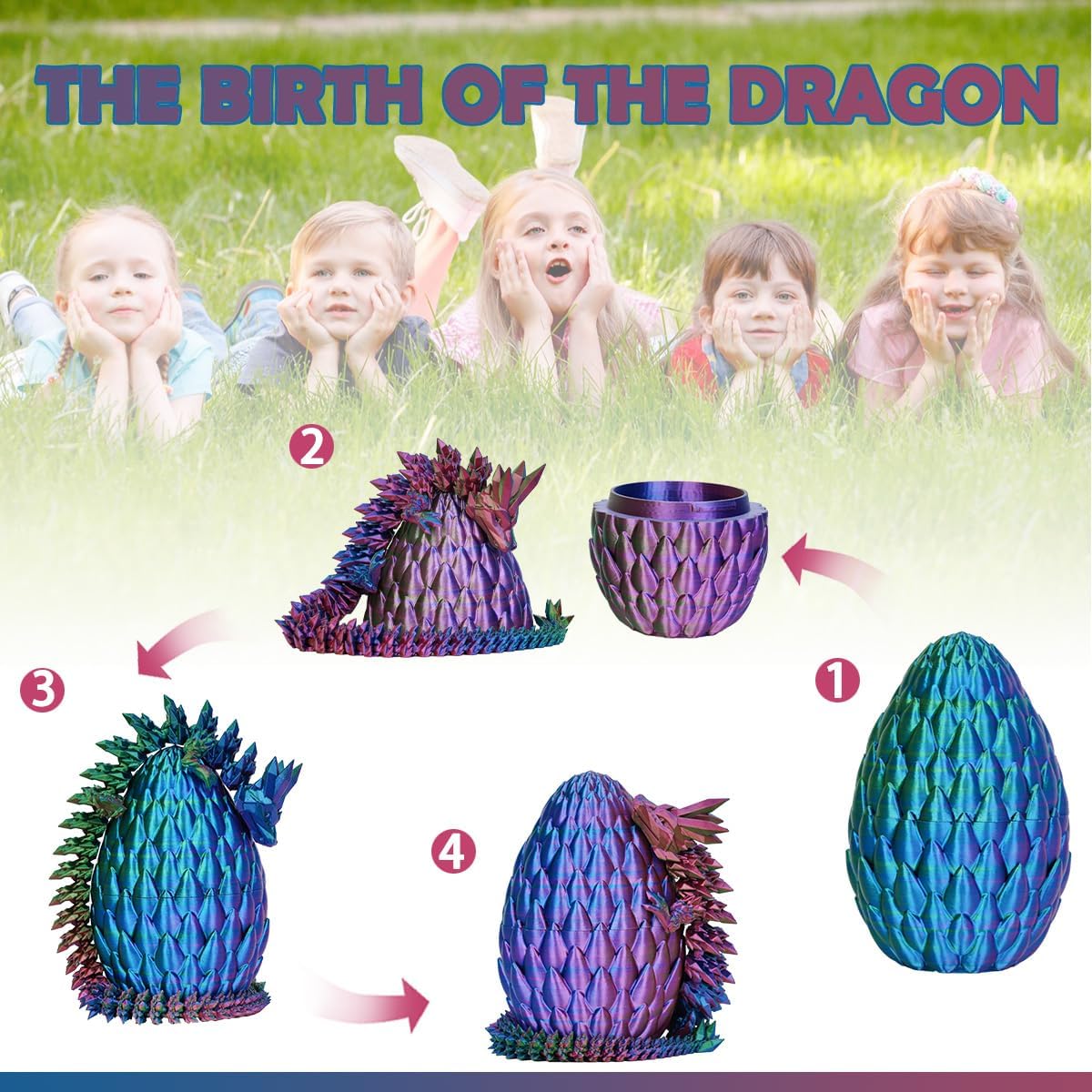 Dragon Eggs with Dragon Inside, 12In 3 Color Dazzle 3D Printed Dragon Egg Desktop Motion Toys, Executive Desk Articulated Dragon Toy, Home Office Decor