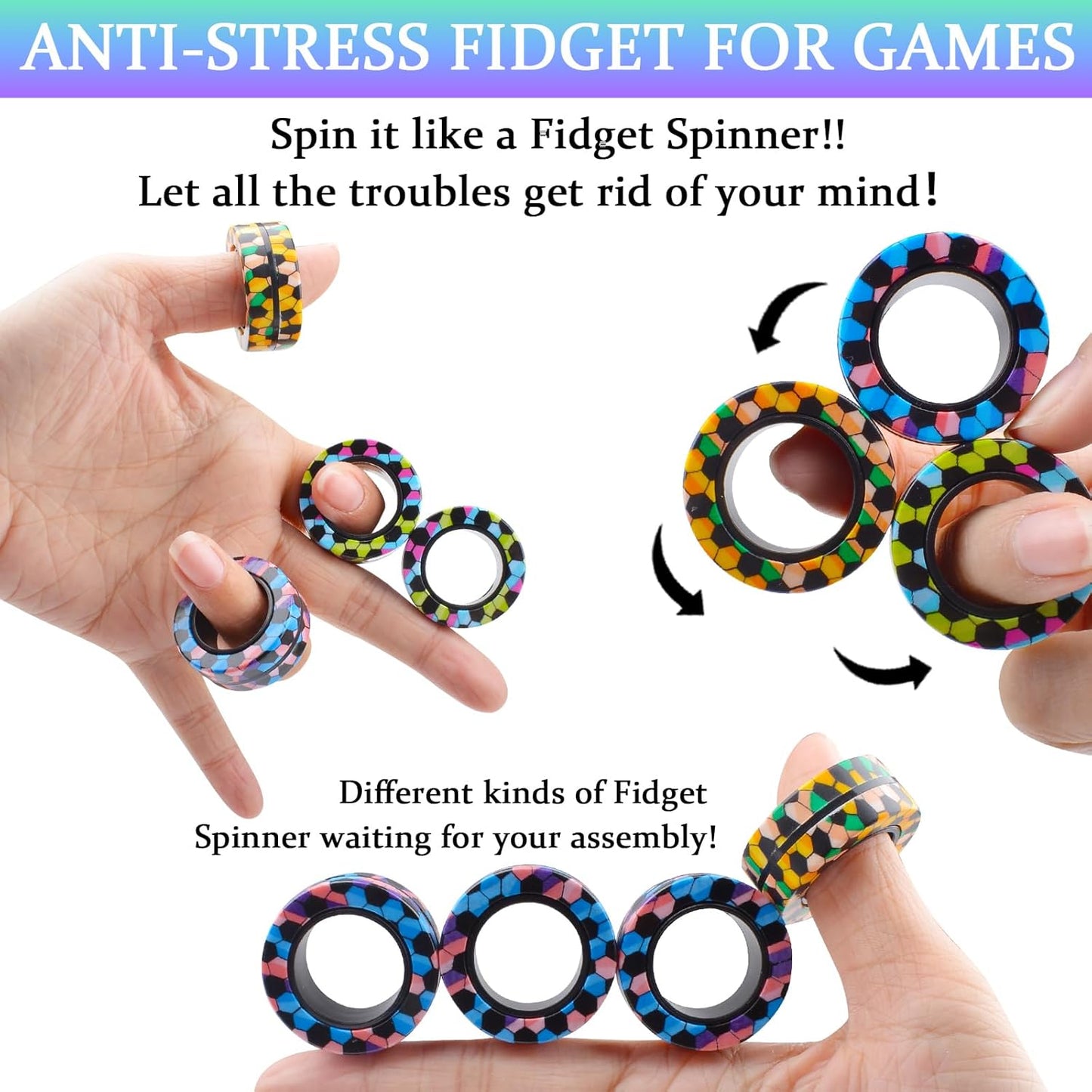 Cevioce 9Pcs Magnetic Rings Fidget Toy Set, ADHD Anxiety Magnetic Fidget Toys Adults Fidget Spinner Rings for Relief, Gifts for 8+ Year Old Teen Boy Girl B