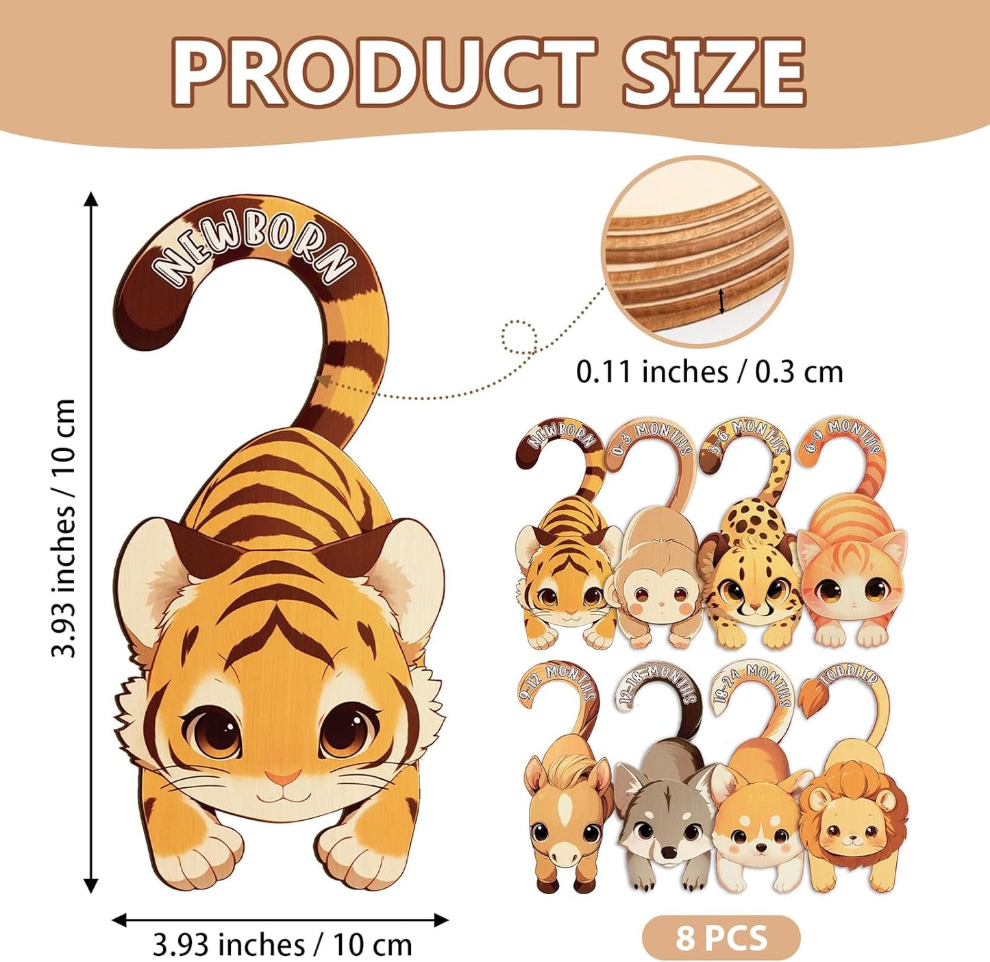 Baby Closet Dividers for Clothes - Set of 8 Unique Animals Design Baby Size Closet Divider Newborn to 24 Months, Babies Wardrobe Closet Organizer Nursery Decor Gender Neutral Kid Clothes Dividers