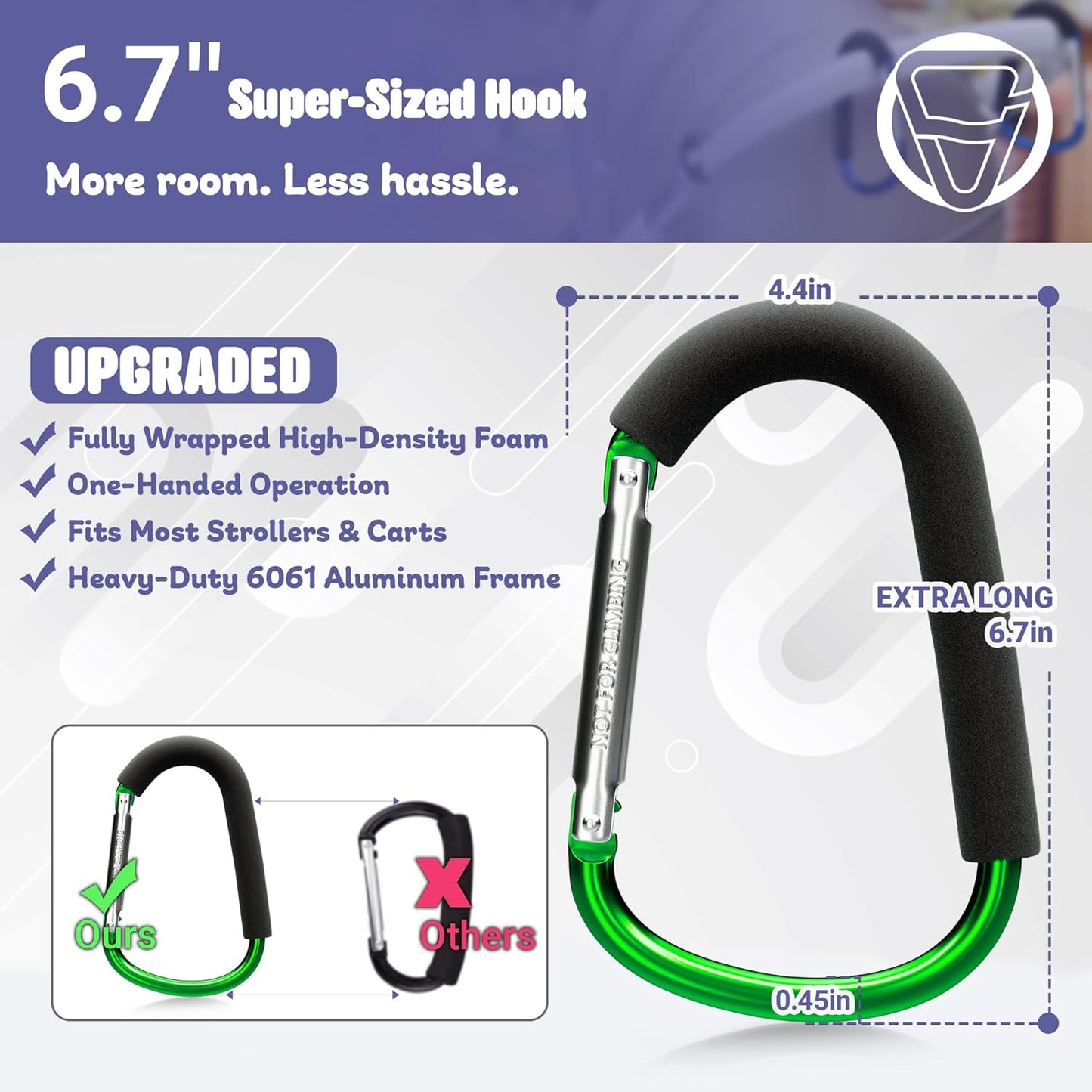 sprookber 6.7 Inch Large Stroller Hooks for Diaper Bags & Purses, Heavy Duty Mommy Hooks for Shopping, Grocery, Backpack – Baby Stroller Accessories, Set of 2 (Green)