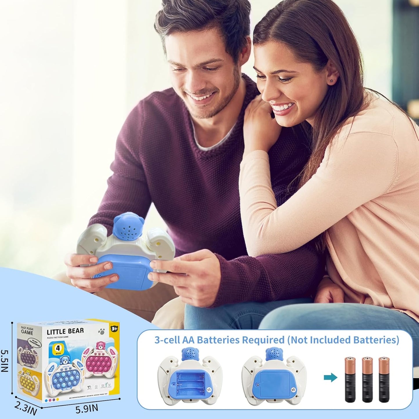 Pop Quick Push Game Console Fidget Toys Light Up Handheld Puzzle Press Popping Toy for Kids Adult Blue Bear