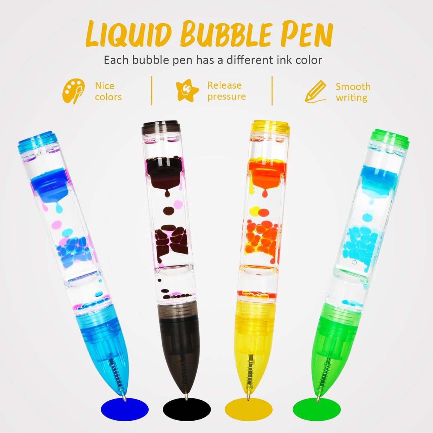 Sensory Cool Pens for Kids Set of 4, Liquid Motion Bubbler Fidget Toys Pens for Kids and Adults, Colorful Liquid Pen Timer Pens Great for Anxiety Stress Relief Stocking Stuffers (4 Colors)