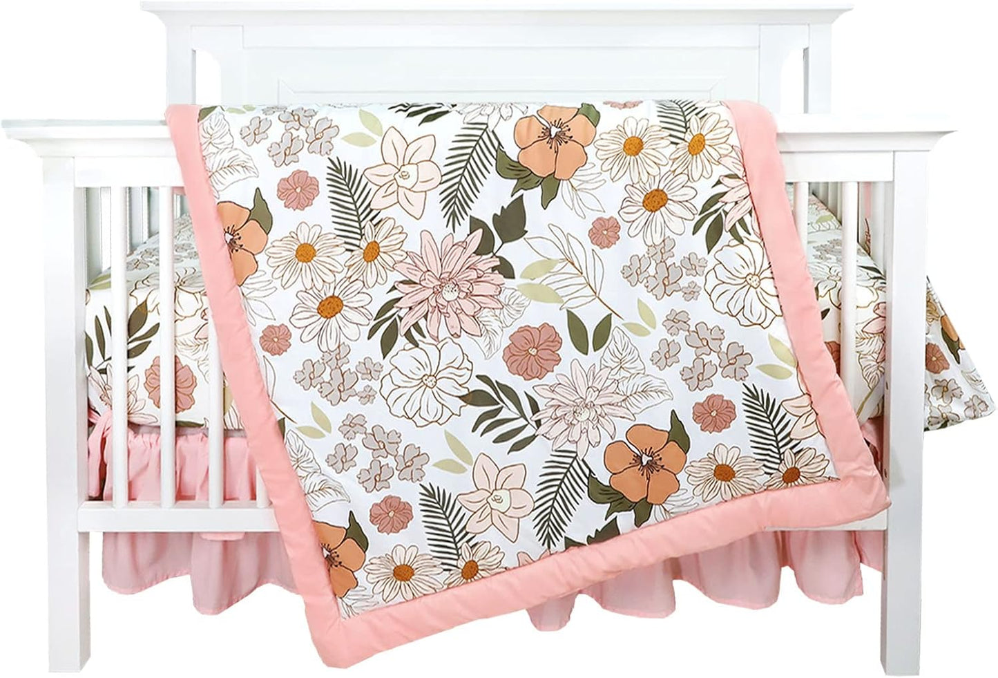 4-Piece Crib Bedding Set for Girls, Pink Baby Girl Bedding Set with Crib Skirt, Baby Quilt, Crib Sheet and Diaper Stacker, Daisy Flower