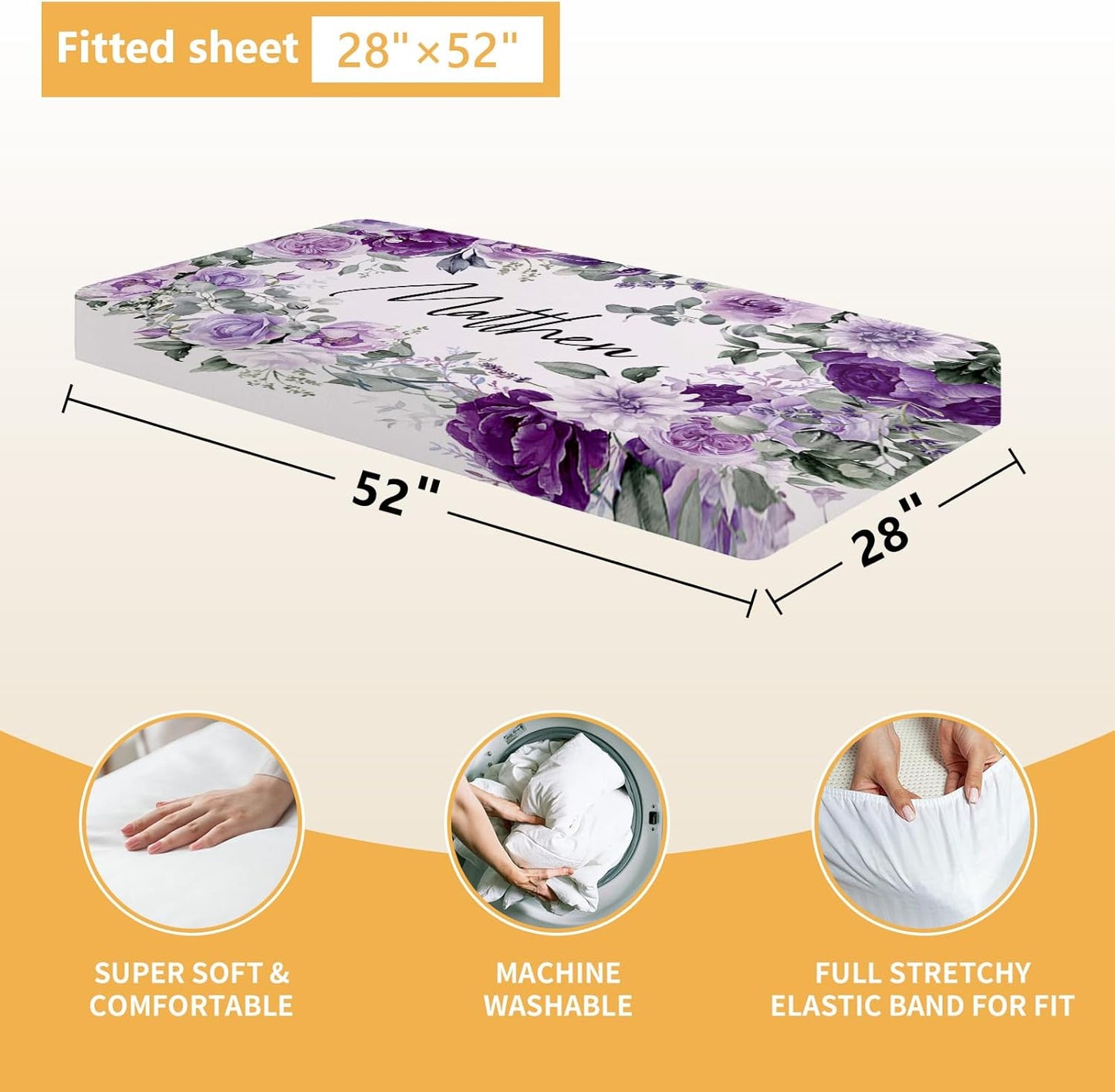 Personalized Baby Bedding Set - 5 Pcs Custom Toddlers Bedding Set with Infant Name - Soft Double Layer Nursery Crib Set for Girls Boys - Customized Infant Gifts for Baby Shower - Purple Flowers