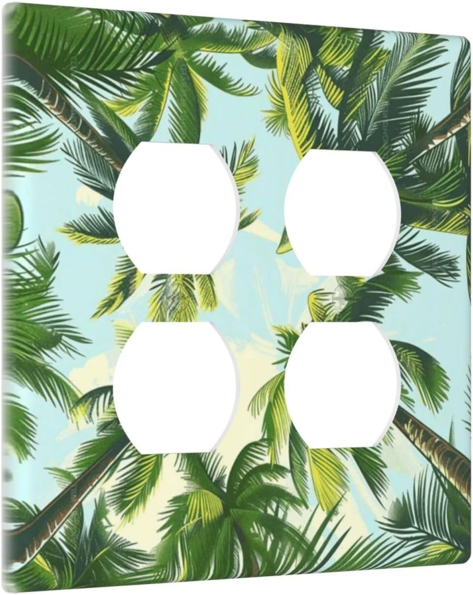 Summer Sky Coconut Palms Trees Green Plants Leaf Outlet Covers 2 Gang Double Duplex Decorative Light Switch Covers Electrical Wallplates Socket Faceplate for Bed Room Living Room Decor