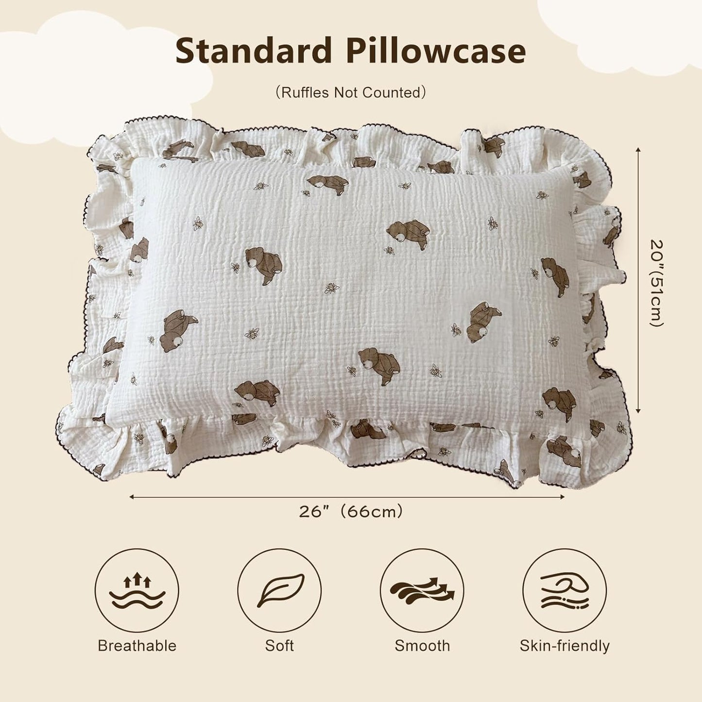 BuLuTu Cartoon Bear Muslin Pillowcase for Boys Girls Cute Animal Print Toddler Pillow Cases Soft Breathable Cotton Pillow Cover for Young Kids Bedding Nursery Decor,1 Piece, 20"x26"