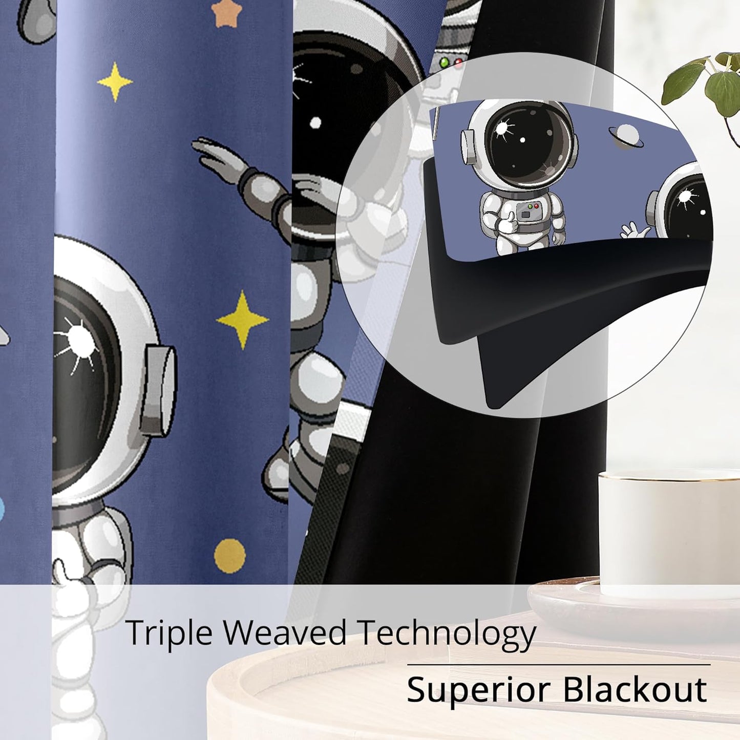 Kids Space Astronaut Blackout Curtains - 100% Blackout, Thermal Insulated, Noise Reducing, Perfect for Kids Room and Nursery, 2 Panels (Spacewalk Buddies, W52×L63)
