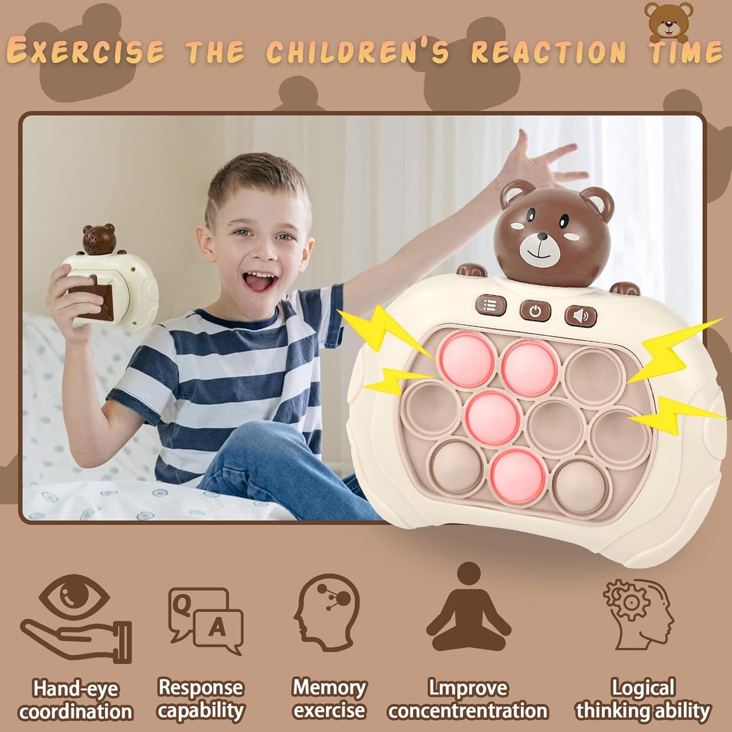 Toymaker Quick Push Game Console Handheld Game Toys Puzzle Popping Press Toy Interesting Push Bubble Fidget Stress Relief Toys Birthday Presents for 3+ Years Old Kids (Bear)