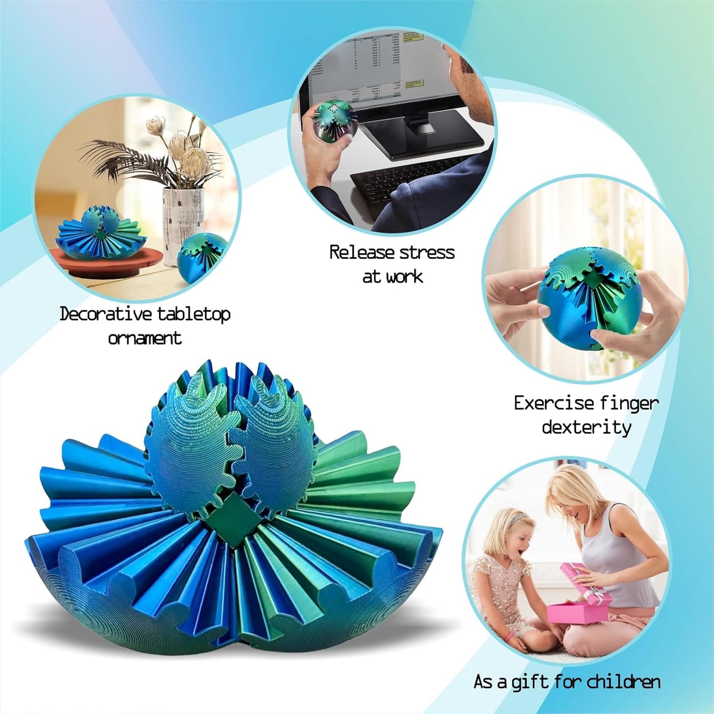 GearSphere Fidget Toy, 3D Printed Gear Ball Spin Ball Cube Desk Toy, 2024 Gear Sphere Cube Puzzle for Adults Kids, Stress and Anxiety Relaxing Fidget Toy (Blue-Green)