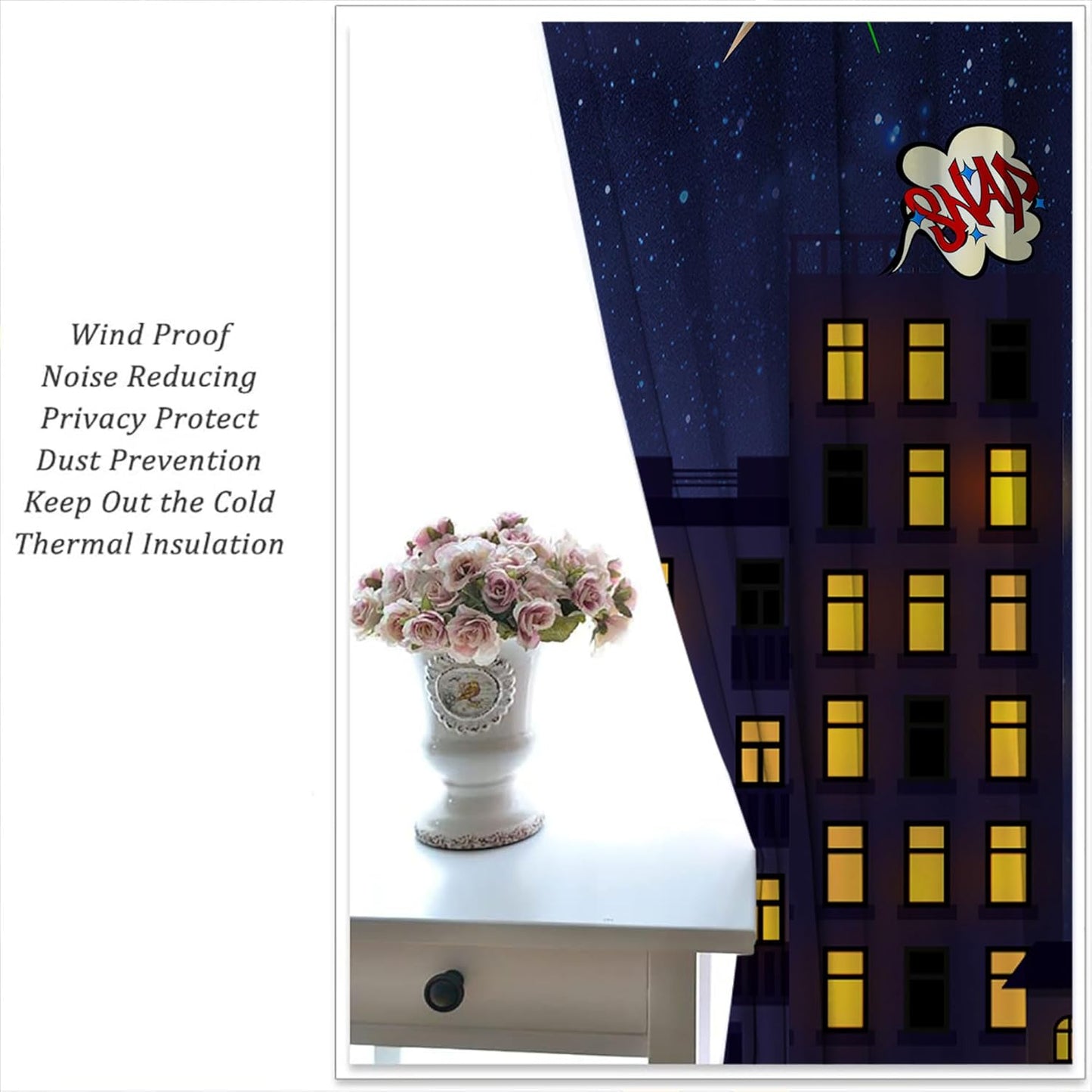 Super Hero Rod Pocket Blackout Curtains for Boy Girl Bedroom, Exploding City Starry Cartoon Skyline Home Energy Efficient Light Filtering Window Curtain for Living Room, 84x63 inch