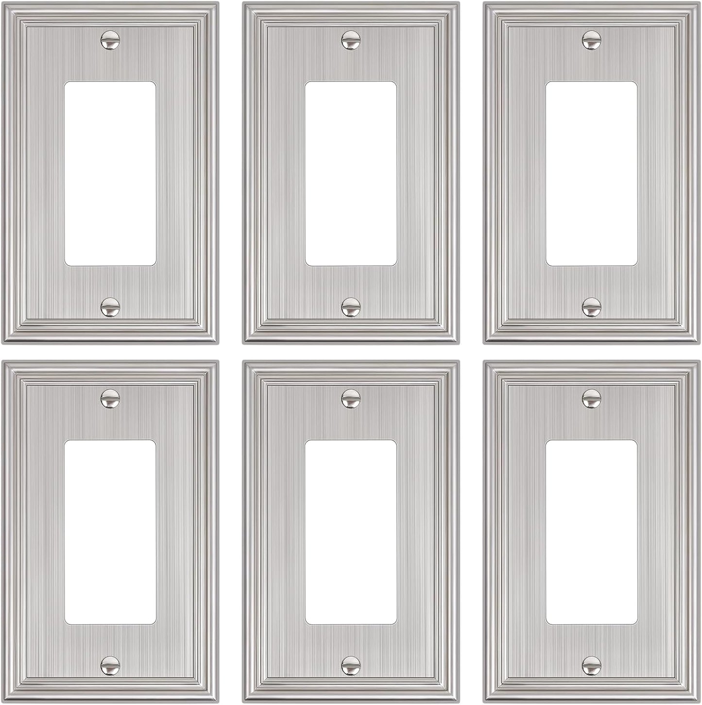 6-Pack Decorator Outlet Cover Plate, Brushed Nickel Decorative Switch Plates and Outlet Covers, Durable Zinc Alloy Wall Plates for Electrical Outlets, Receptacle, GFCI Outlet, Dimmer Switch