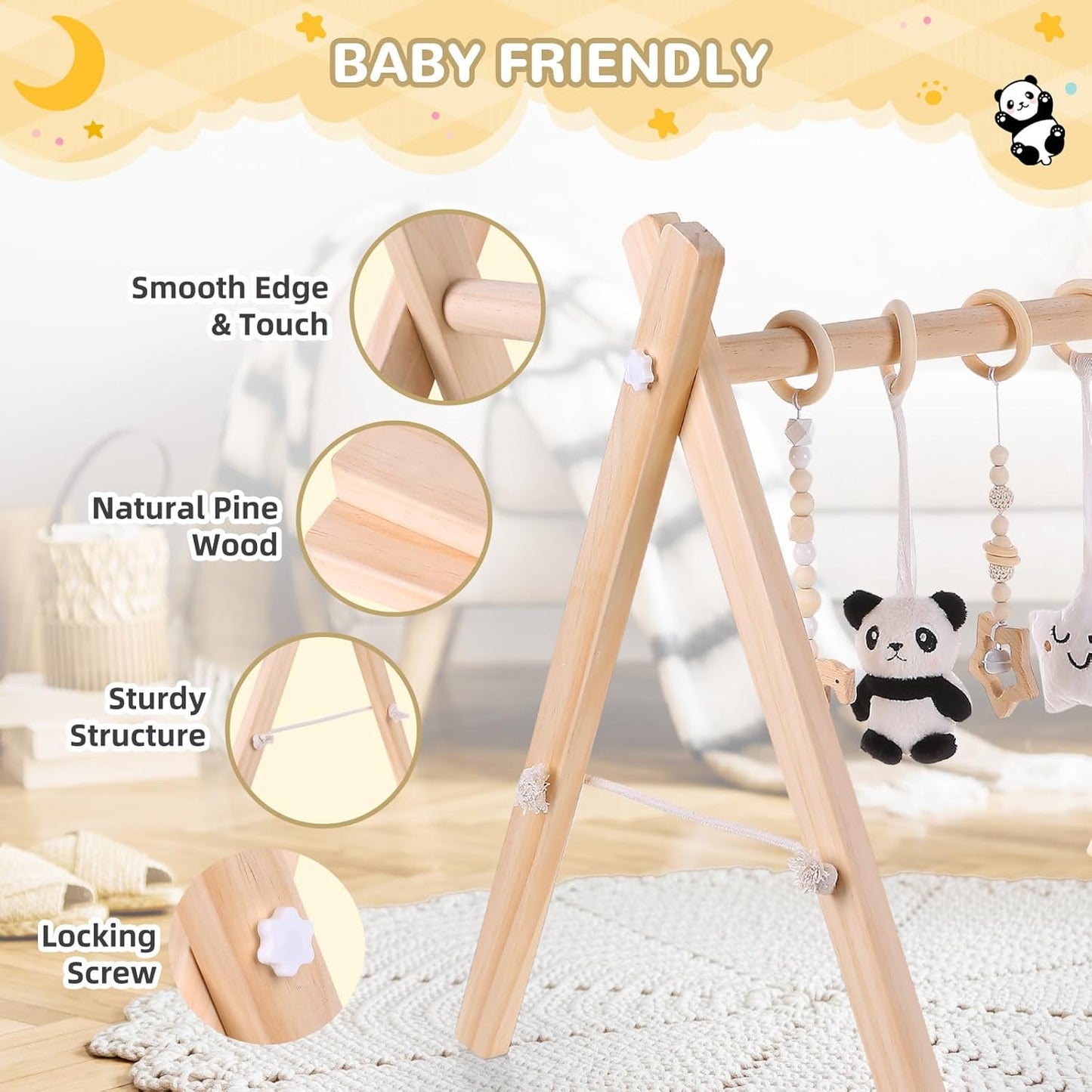 Wooden Baby Play Gym with Mat, Foldable Baby Activity Gyms with 6 Sensory Hanging Panda Toys, Tummy Time Baby Infant Toys (Butterfly)