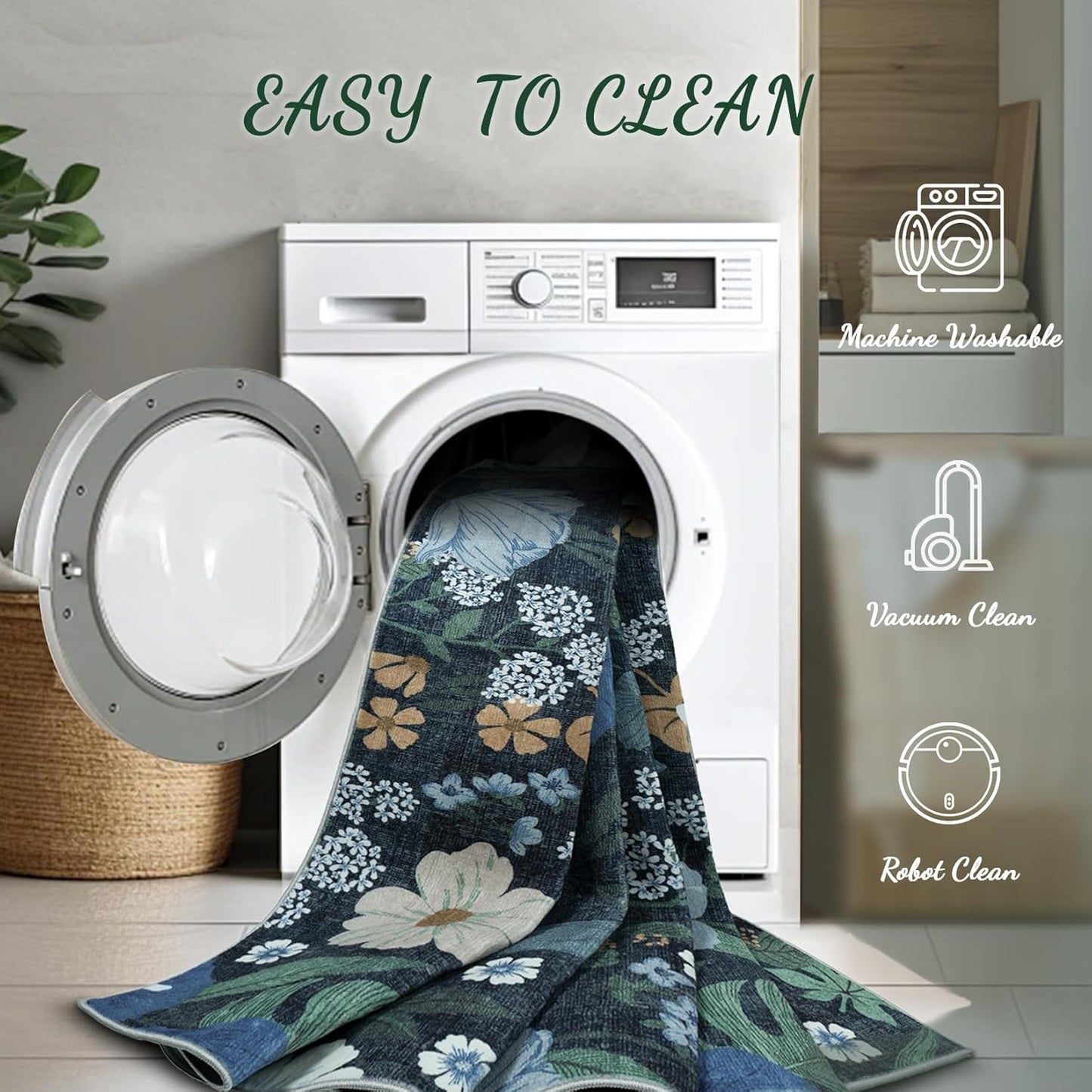 8x10 Area Rug for Living Room: Vintage Floral Washable Rug Soft Boho Non Slip Carpet Large Indoor Floor Non Shedding Low Pile Thin Carpets for Bedroom Dining Room Farmhouse Nursery Home Office Blue