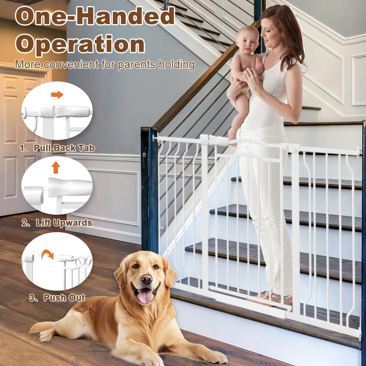 62.2-71.6" Extra Wide Baby Gate for Stairs No Drilling, 30" Tall Auto Close Press Mounted Dog Gates for Doorways, Adjustable Width Walk Through Long Gates for Kids or Pets, White
