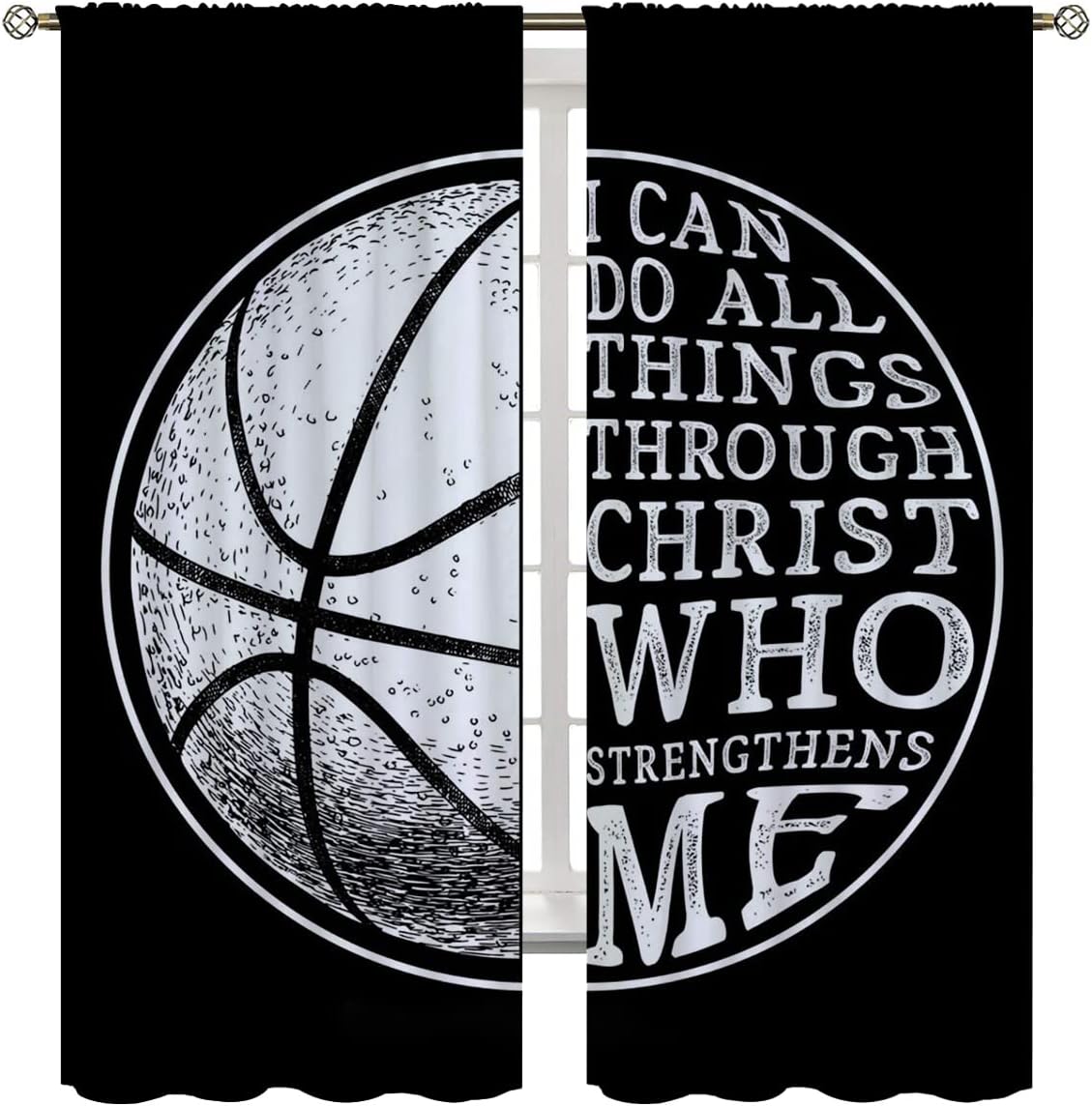 Basketball Blackout Curtains for Boy Girl Room Darkening Decor,Sport Theme and White Motto Dark Background Bedroom Living Room Home Rod Pocket Thermal Insulated Window Curtain/Drapes Panel,55x63 Inch…