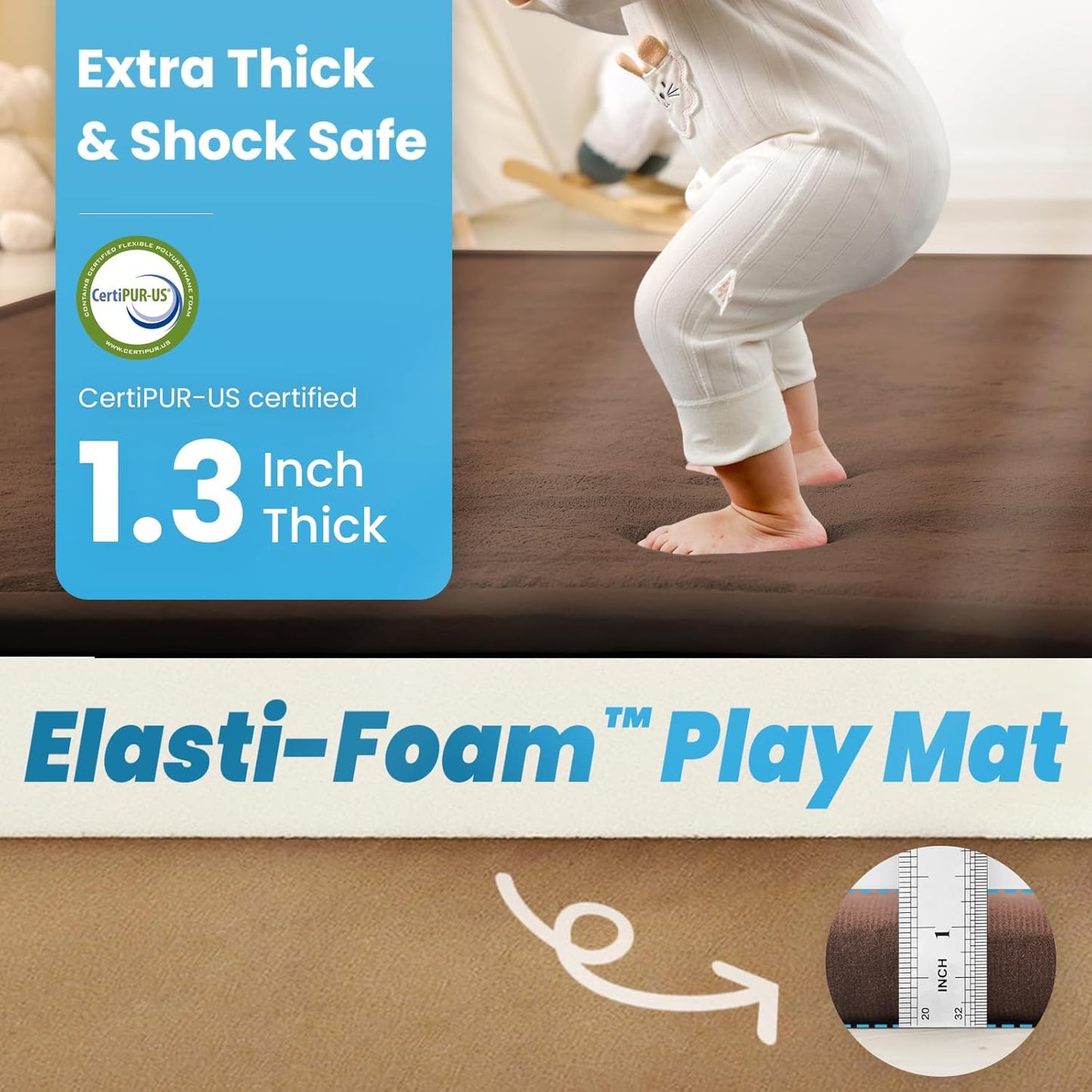 Ultra Soft Baby Play Mat,71"×79" Extra Large Activity Tummy Time Mat for Toddlers,Infants,Kids,1.3" Thick Elasti-Foam Nursery Rug for Floor,Non-Slip Safe for Crawling,Water-Repellent(Chocolate Brown)