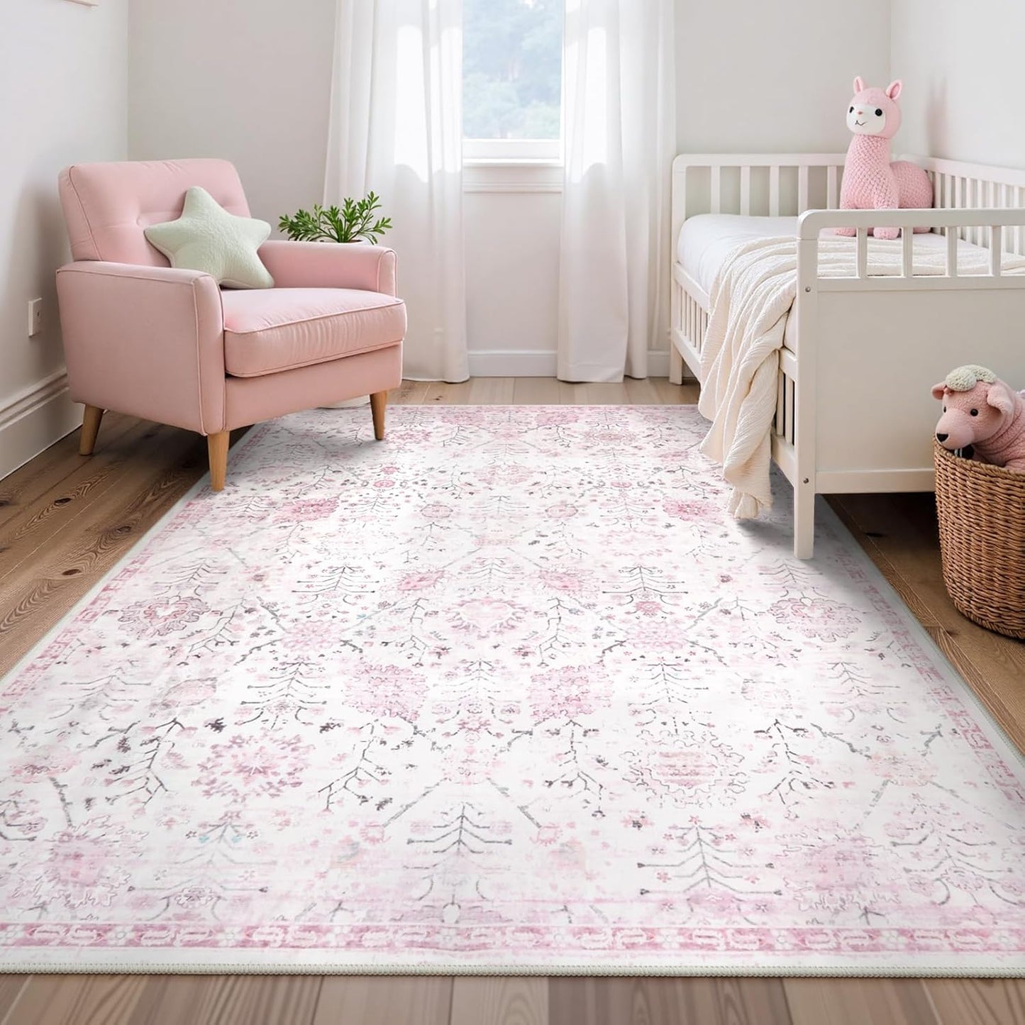 Lahome Nursery Rug 5x7, Soft Kids Rugs for Cozy Bedroom, Washable Boho Purple Carpet for Toddlers Girls Room, Non Shedding Non Slip Pastel Floral Print Thin Simple Carpets