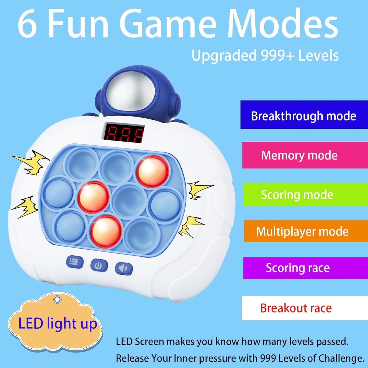 Fast Push Game Pop Fidget Toy for Kids, Quick Push Bubble Game 6 Modes Handheld Puzzle Game Sensory Toy with LED Screen Pop It Game Light Up Fidget Toy Gift for 3 to 12 Year Old Girls Boys