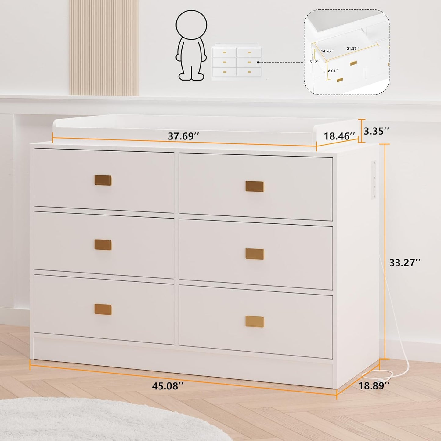 Dresser for Bedroom with 6 Drawers, Changing Table Dresser with Power Outlets, Soft Changing Pad & Removable Top, Baby Dresser with Changing Table Top for Nursery, White