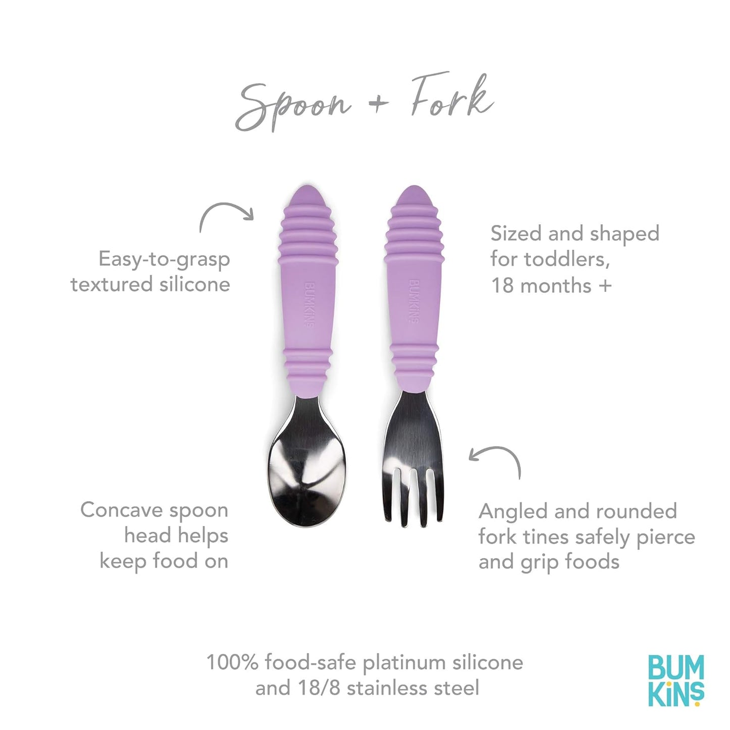 Bumkins Toddler Utensils, Kids Size Fork and Spoon Set, Silicone and Stainless-Steel Training Silverware, Angled Forks / Sporks for Self-Feeding, Children Hold Learning to Eat, 18 Months Up, Lavender