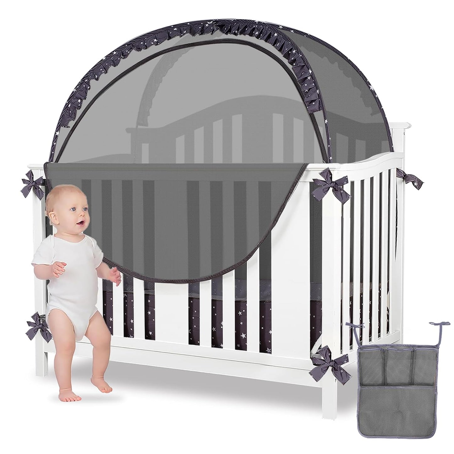 Baby Safety Crib Tent Infant Pop up Mosquito Net Nursery Bed Canopy Netting Cover - Keep Baby from Climbing Out with Hanging Diaper Storage Bag (Dark Gray)